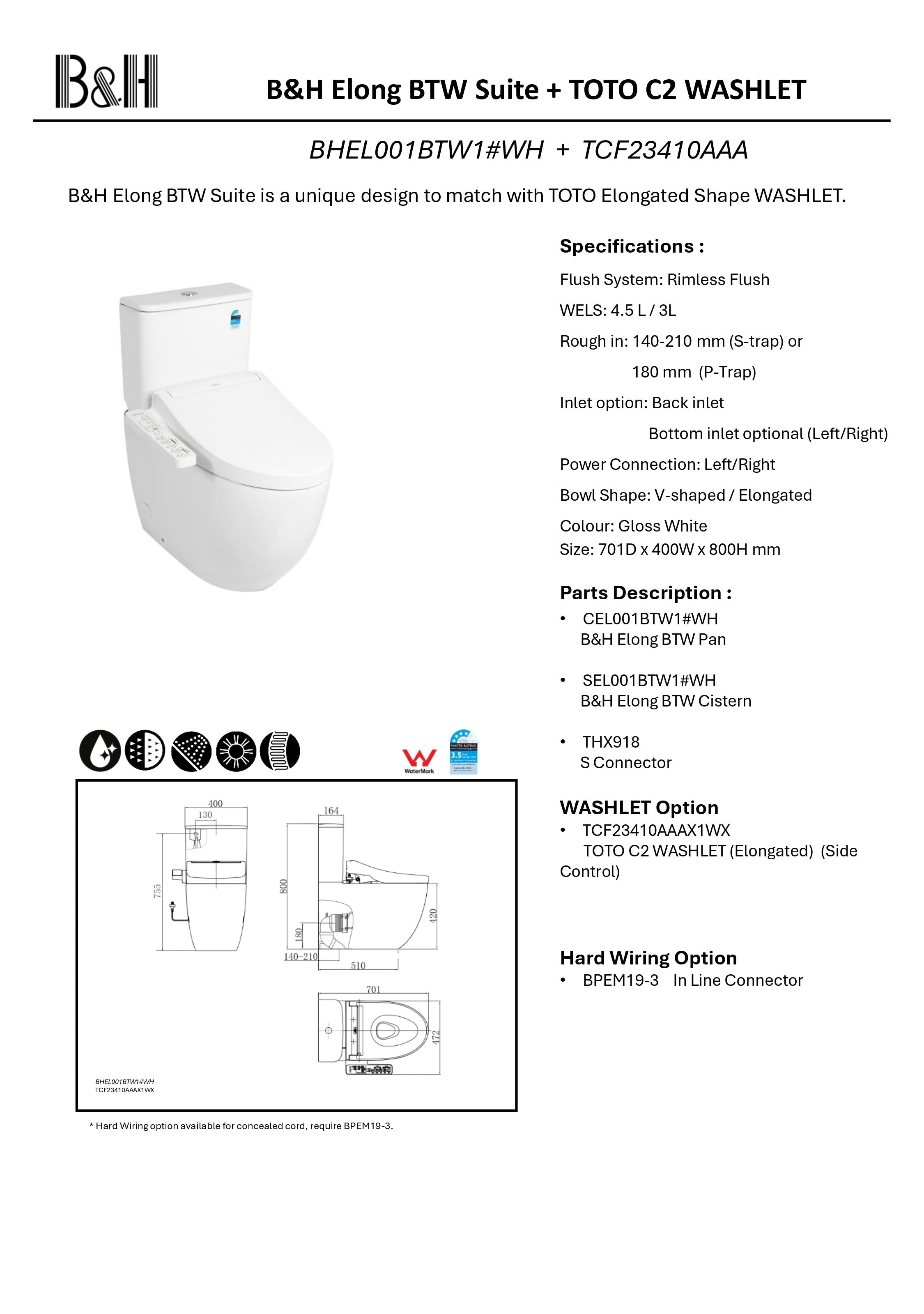 TOTO C2 WASHLET W/ SIDE CONTROL AND BTW TOILET SUITE PACKAGE ELONGATED GLOSS WHITE