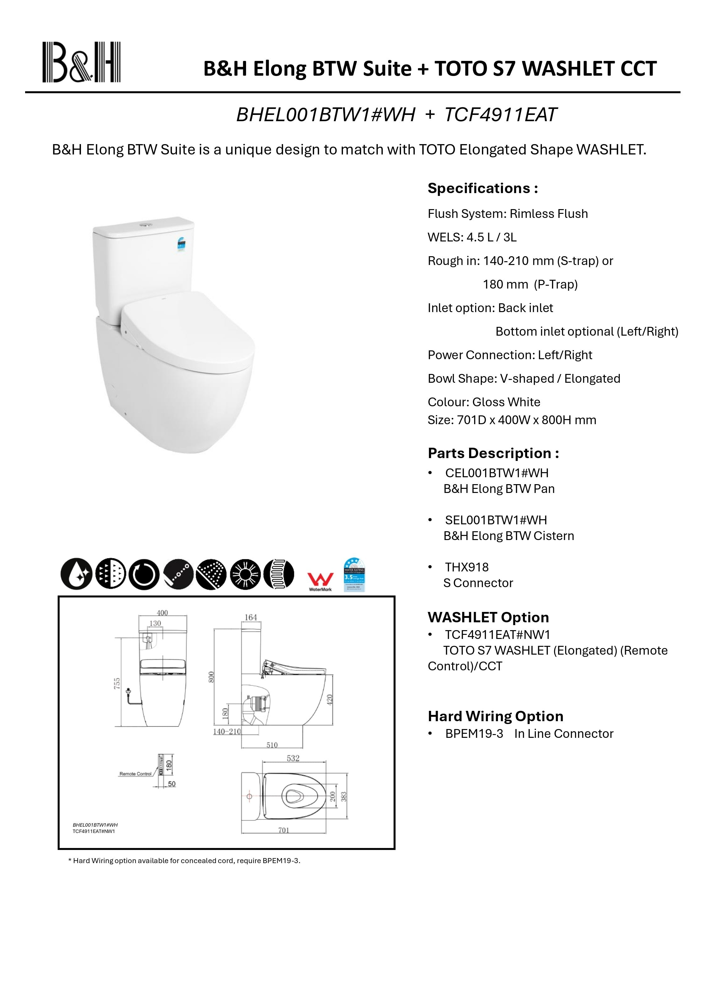 TOTO S7 WASHLET W/ REMOTE CONTROL AND AUTOLID BTW TOILET SUITE PACKAGE ELONGATED GLOSS WHITE