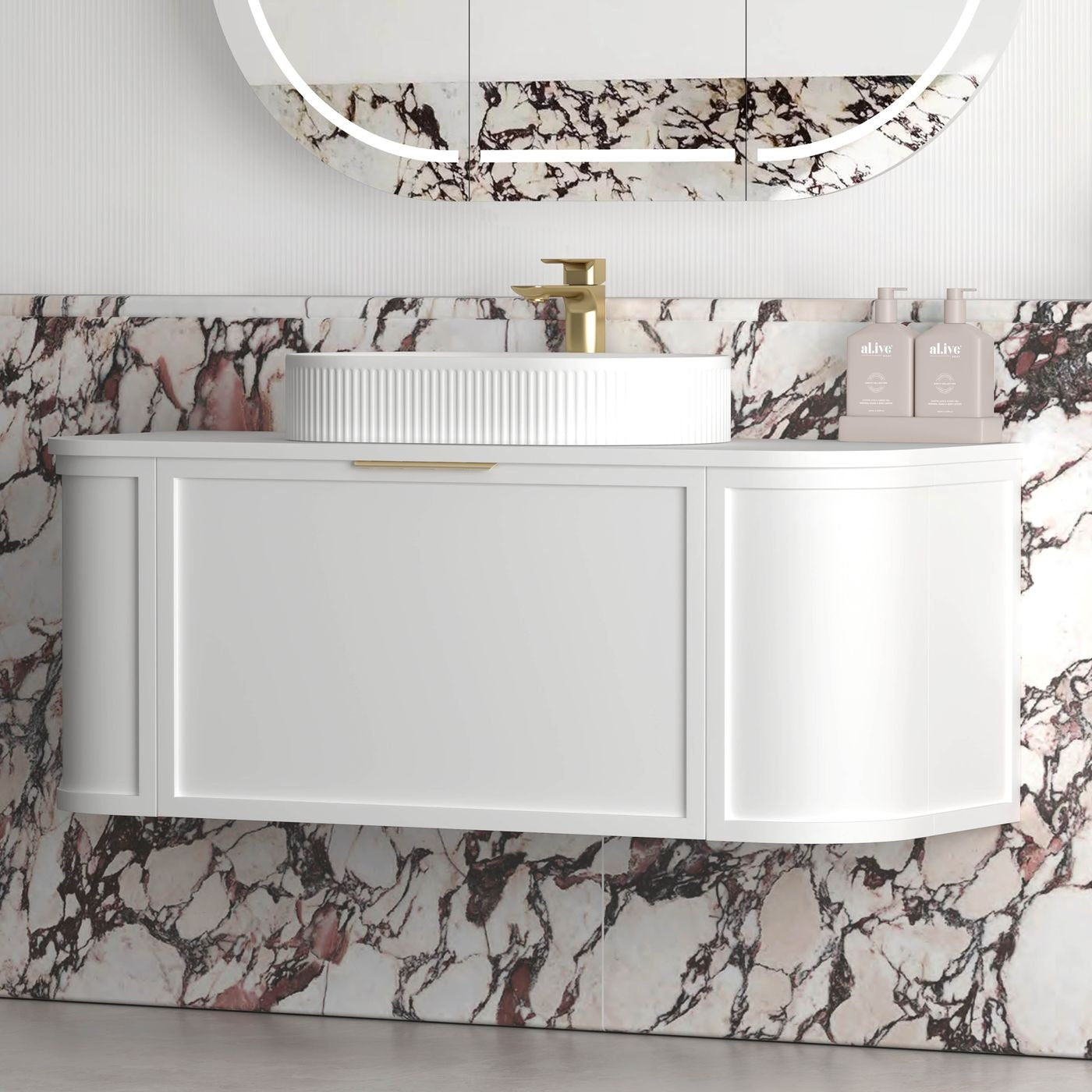 OTTI HAMPSHIRE SATIN WHITE 1200MM CURVE SINGLE BOWL WALL HUNG VANITY