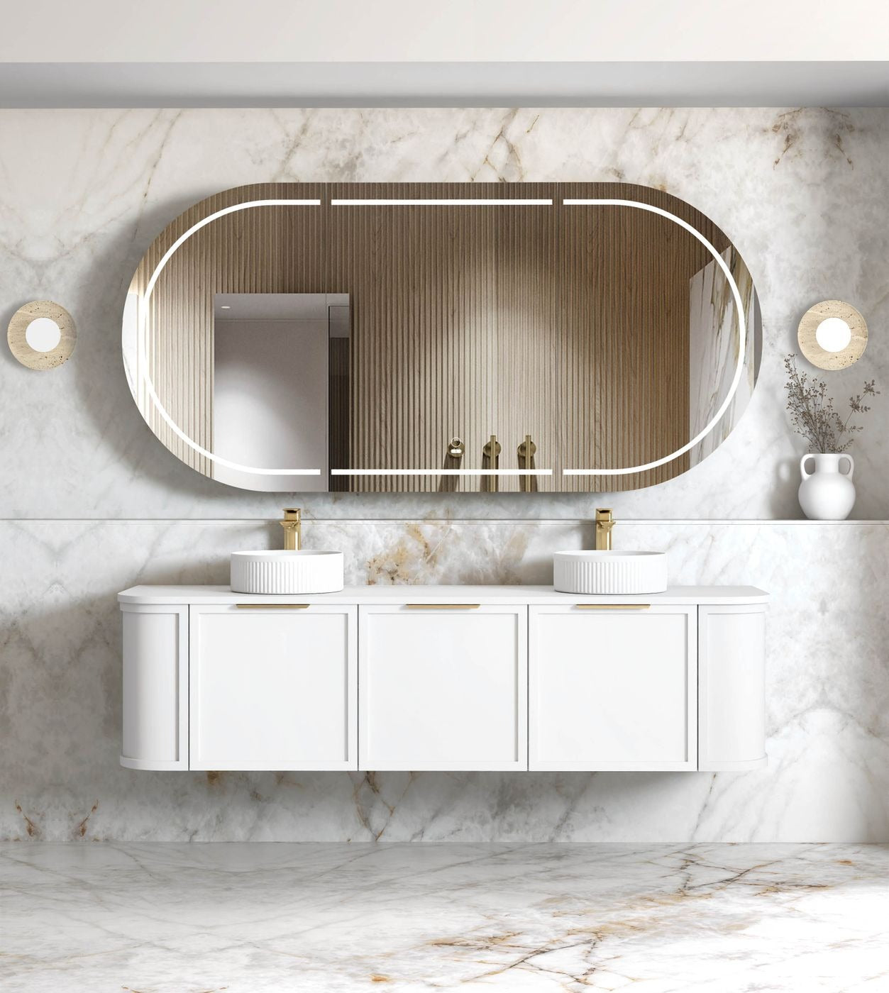 OTTI HAMPSHIRE SATIN WHITE 1800MM CURVE DOUBLE BOWL WALL HUNG VANITY