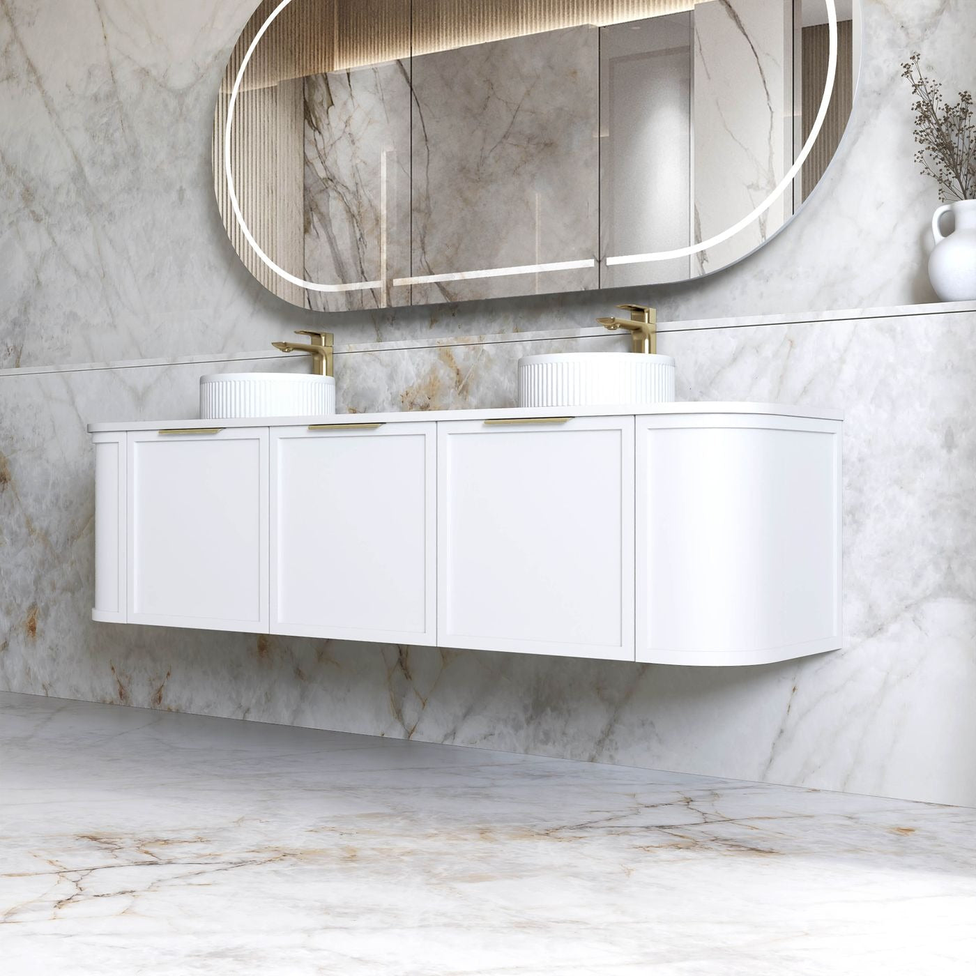 OTTI HAMPSHIRE SATIN WHITE 1800MM CURVE DOUBLE BOWL WALL HUNG VANITY