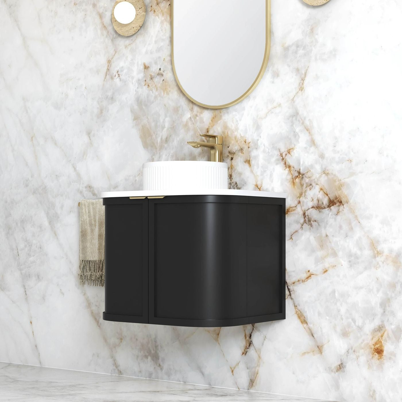 OTTI HAMPSHIRE SATIN BLACK 600MM CURVE SINGLE BOWL WALL HUNG VANITY