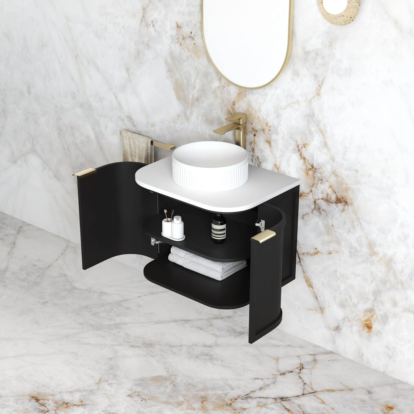 OTTI HAMPSHIRE SATIN BLACK 600MM CURVE SINGLE BOWL WALL HUNG VANITY