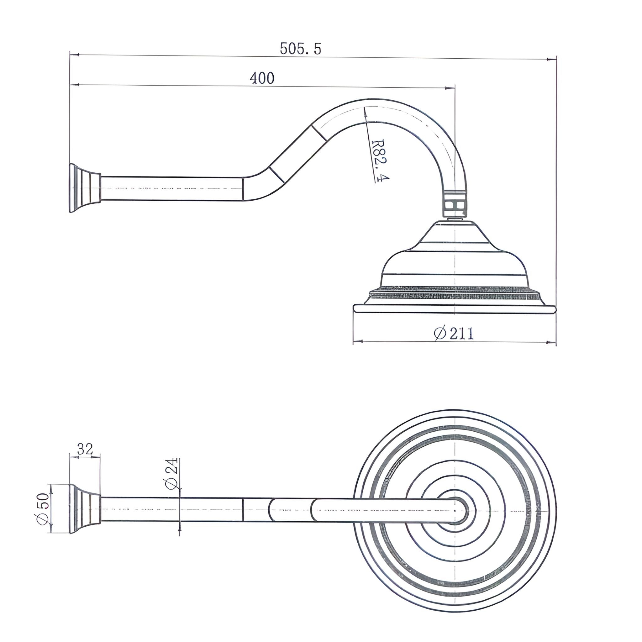 MODERN NATIONAL BORDEAUX SHOWER ARM WITH HEAD ⁠⁠505MM MATTE BLACK