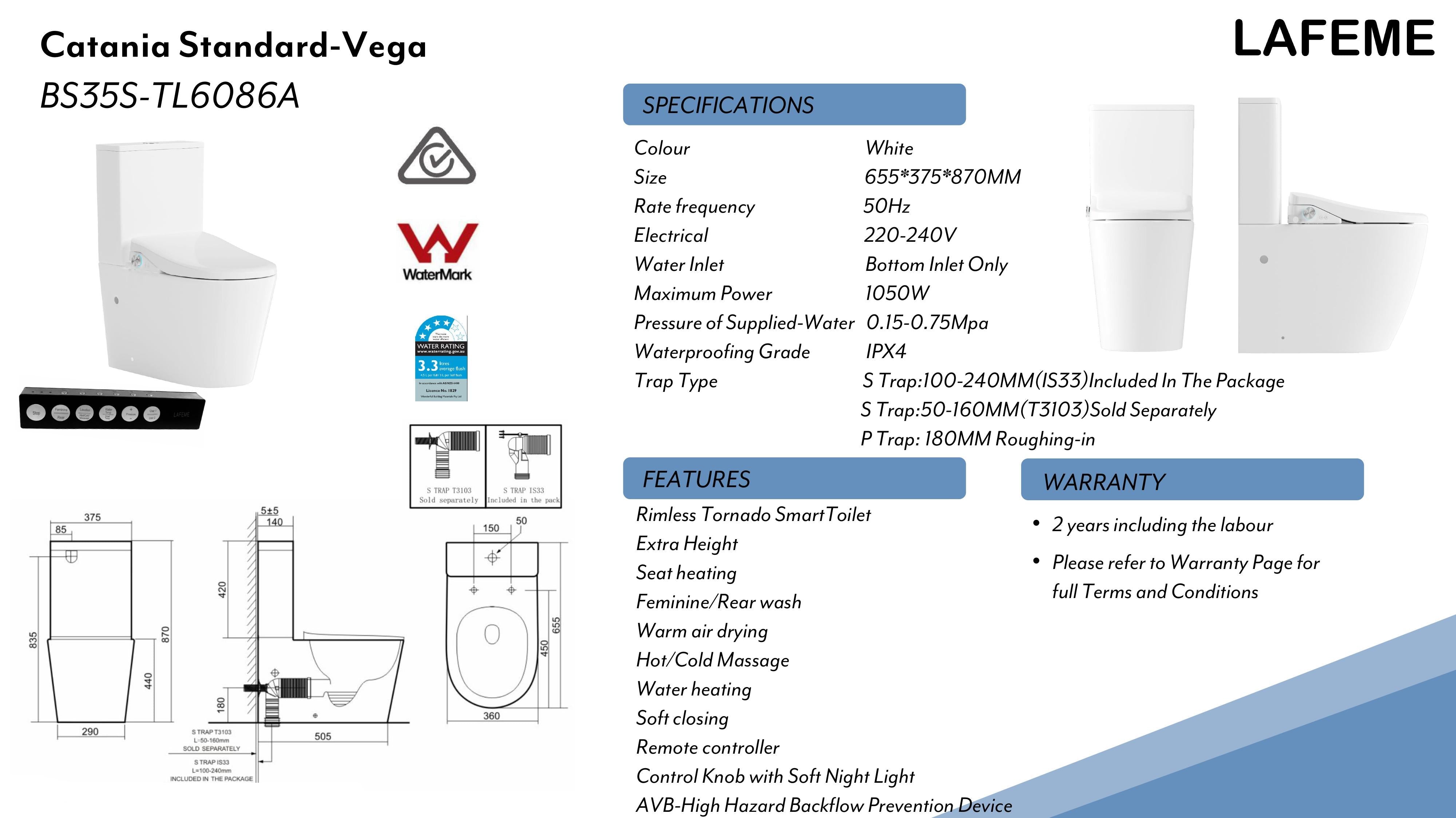 LAFEME CATANIA STANDARD VEGA RIMLESS BACK TO WALL TORNADO SMART TOILET WHITE