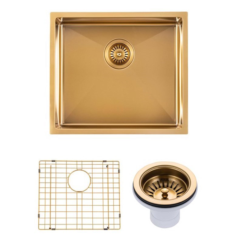 AQUAPERLA PVD STAINLESS STEEL SINGLE BOWL KITCHEN SINK BRUSHED BRASS 500MM