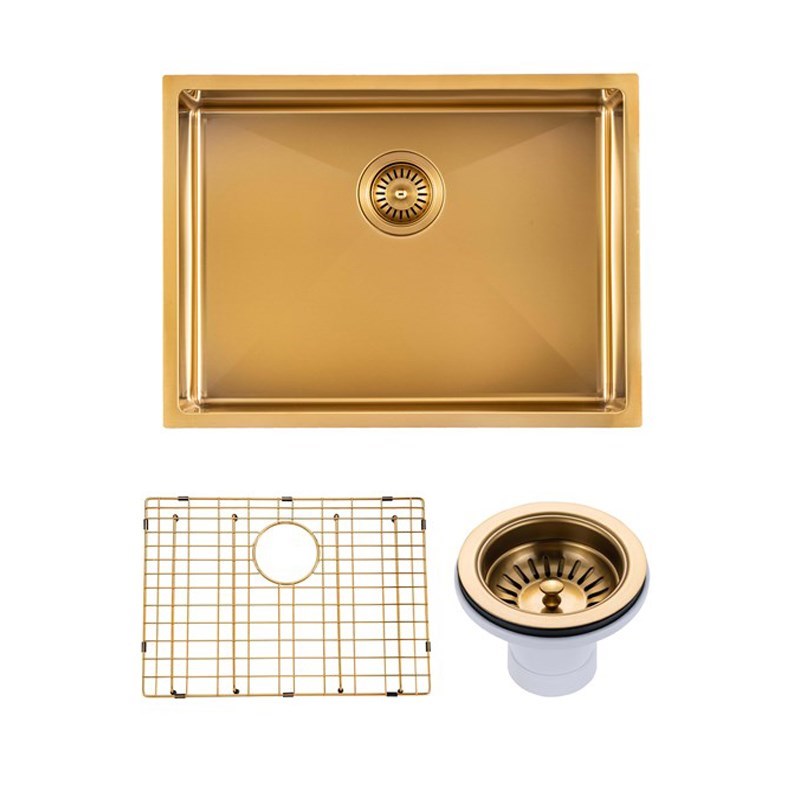 AQUAPERLA PVD STAINLESS STEEL SINGLE BOWL KITCHEN SINK BRUSHED BRASS 600MM