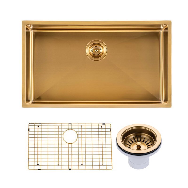 AQUAPERLA PVD STAINLESS STEEL SINGLE BOWL KITCHEN SINK BRUSHED BRASS 762MM