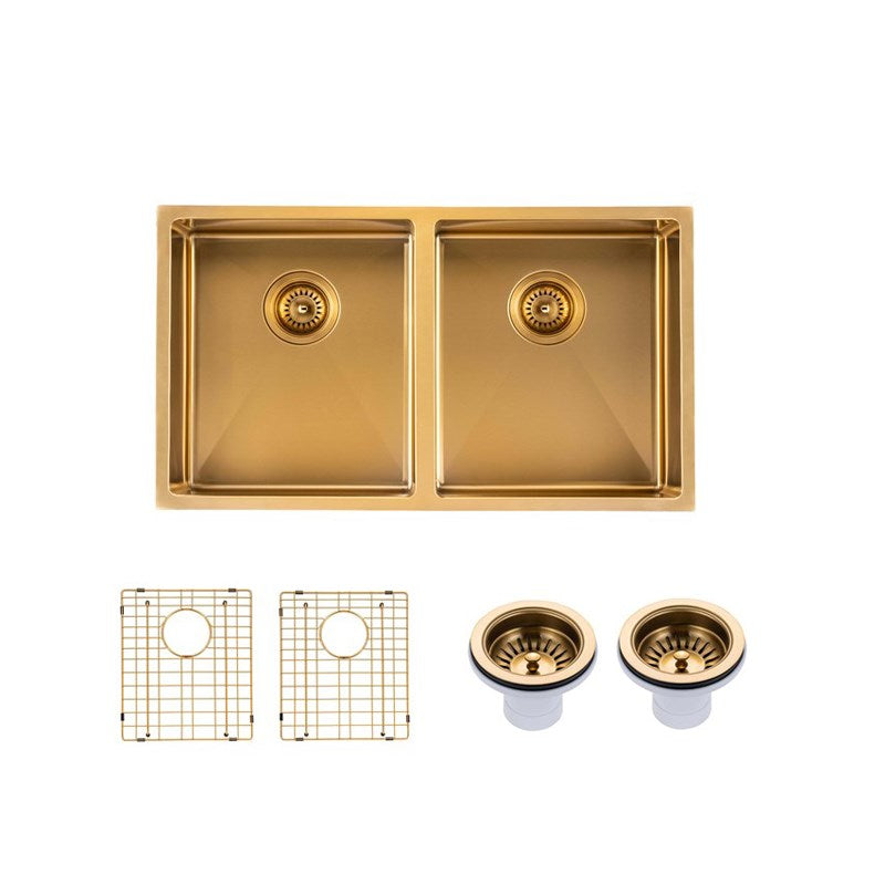 AQUAPERLA PVD STAINLESS STEEL DOUBLE BOWL KITCHEN SINK BRUSHED BRASS 820MM