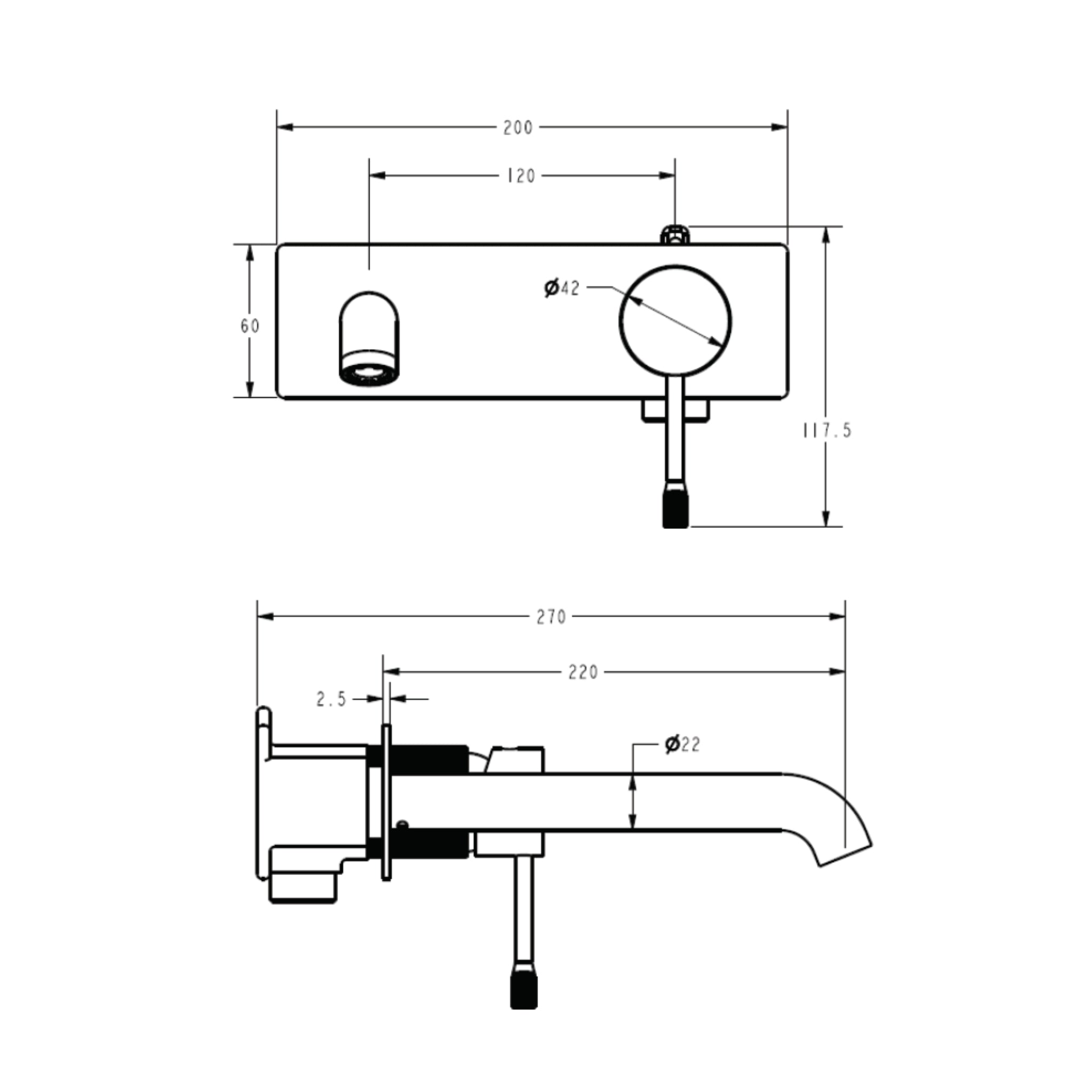 IKON LINIE WALL BASIN MIXER TRIM KIT WITH ROUGH IN BODY 220MM BRUSHED GOLD