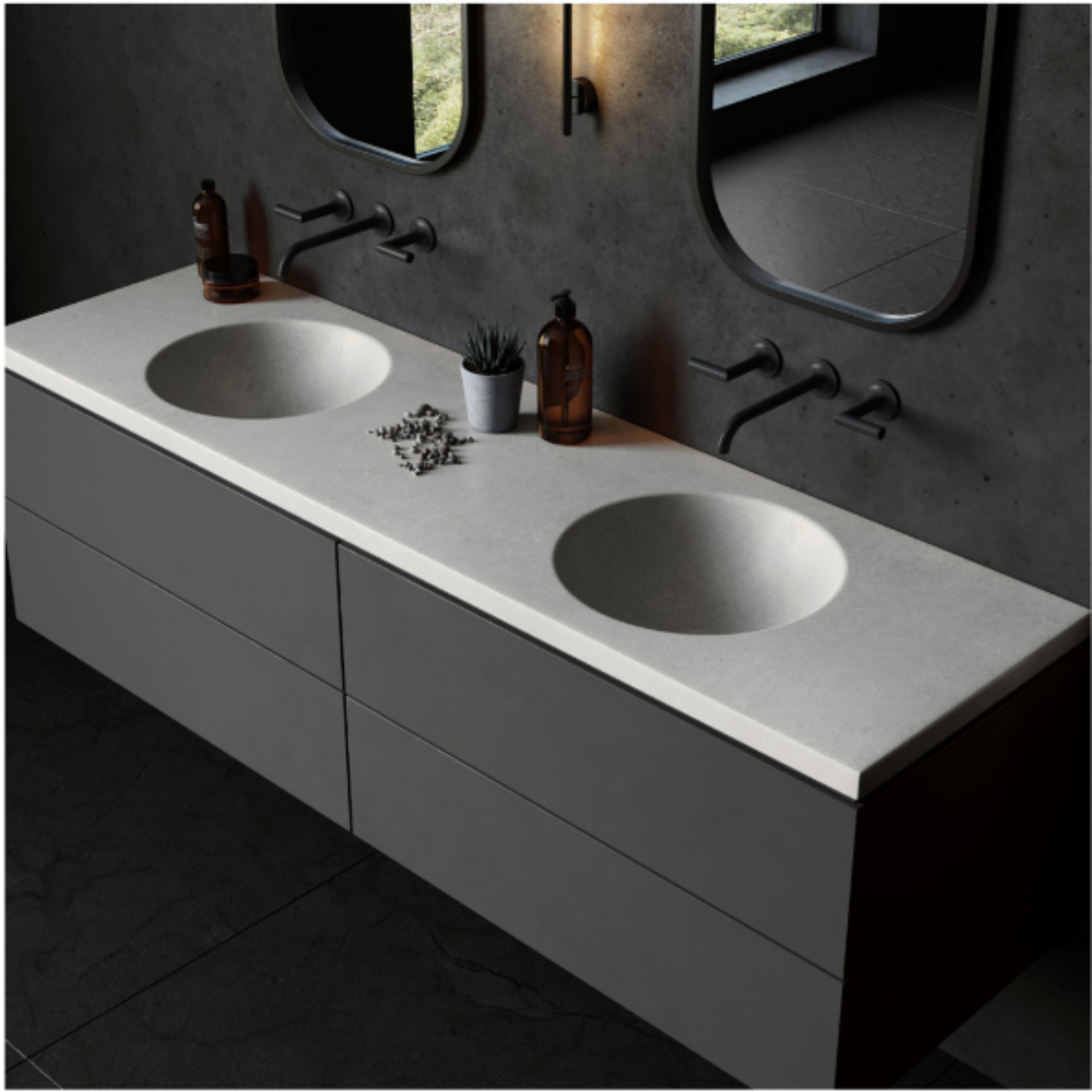 CONCRETE STUDIO BOYA DOUBLE BOWL WALL HUNG BASIN (AVAILABLE IN 1500MM, 1800MM, AND 2100MM)