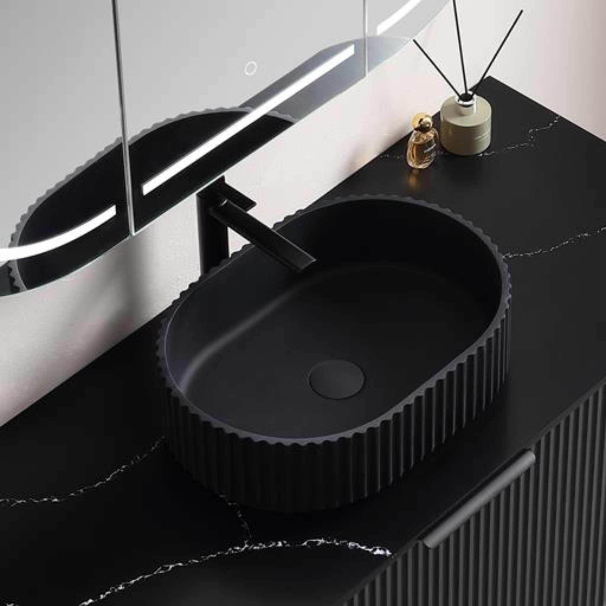 CETO ALLY FLUTED OVAL SHAPE ABOVE COUNTER BASIN MATTE BLACK 480MM