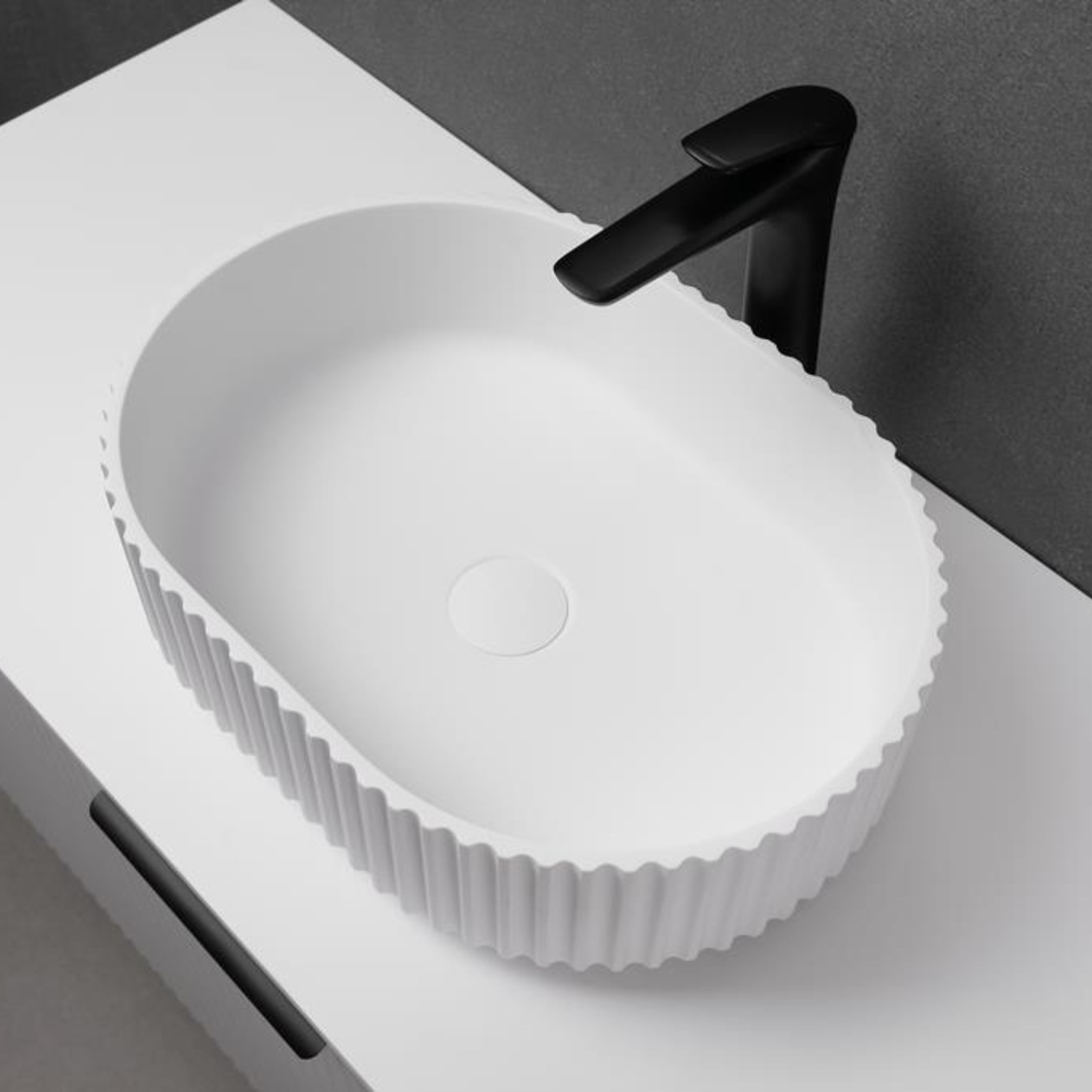 CETO ALLY FLUTED OVAL SHAPE ABOVE COUNTER BASIN MATTE WHITE 480MM