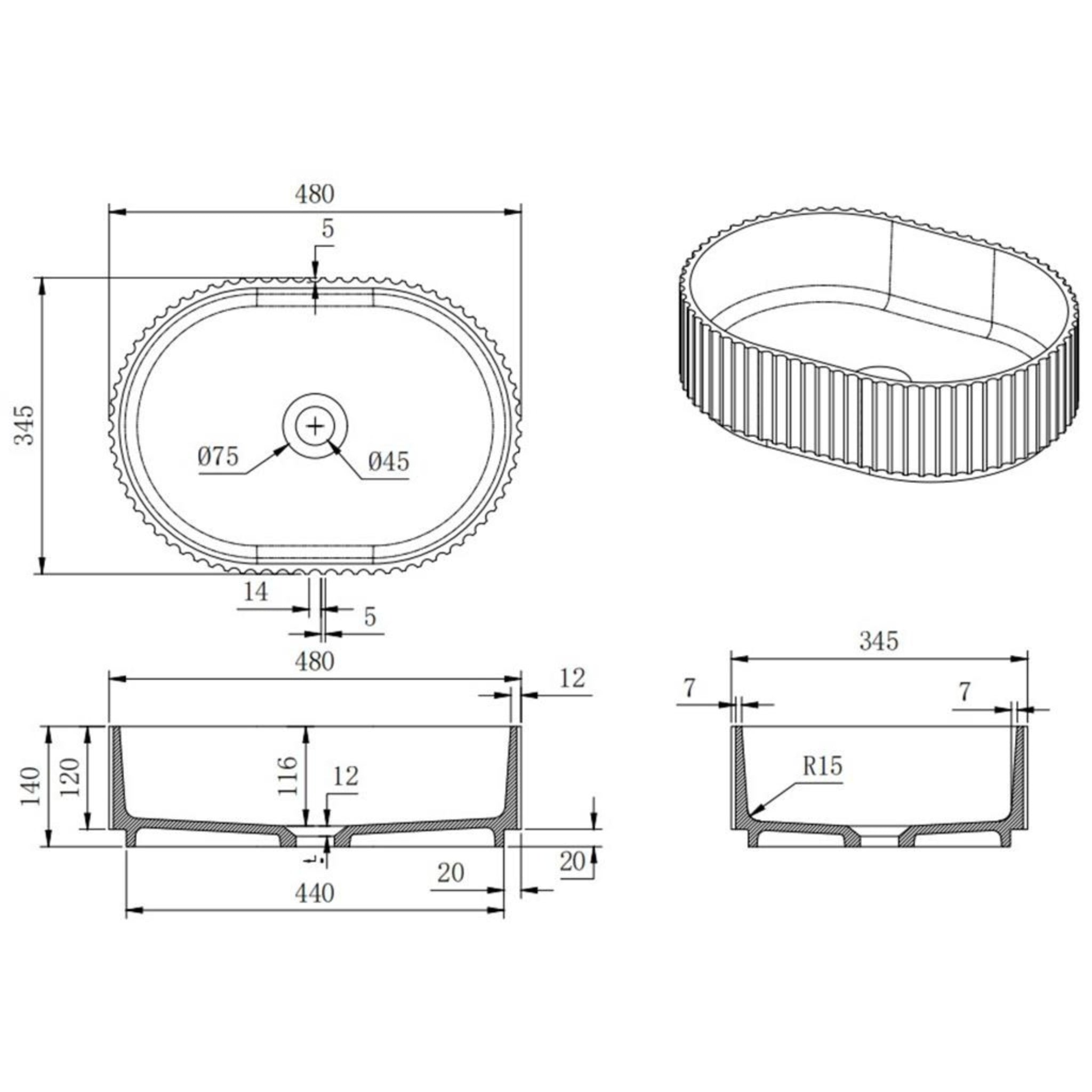 CETO ALLY FLUTED OVAL SHAPE ABOVE COUNTER BASIN MATTE BLACK 480MM