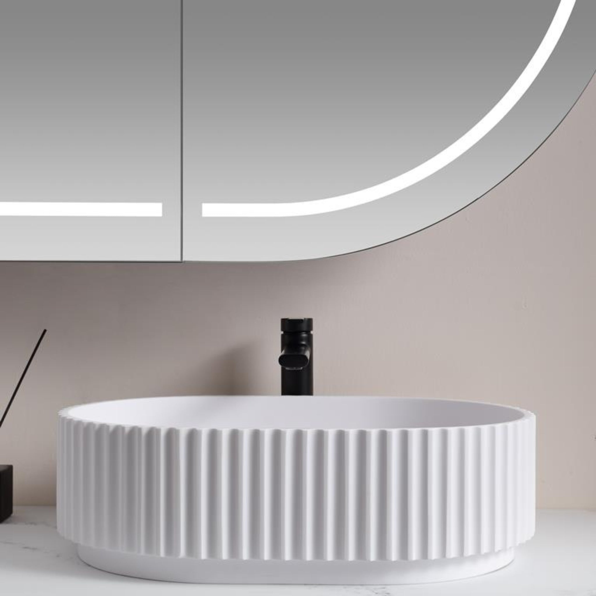 CETO ALLY FLUTED OVAL SHAPE ABOVE COUNTER BASIN GLOSS WHITE 480MM