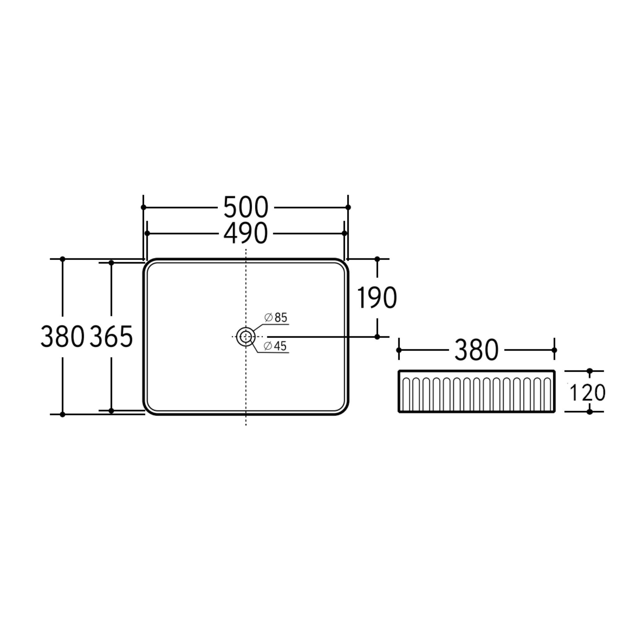 CETO CASCADE FLUTED RECTANGULAR ABOVE COUNTER BASIN GLOSS WHITE 380MM