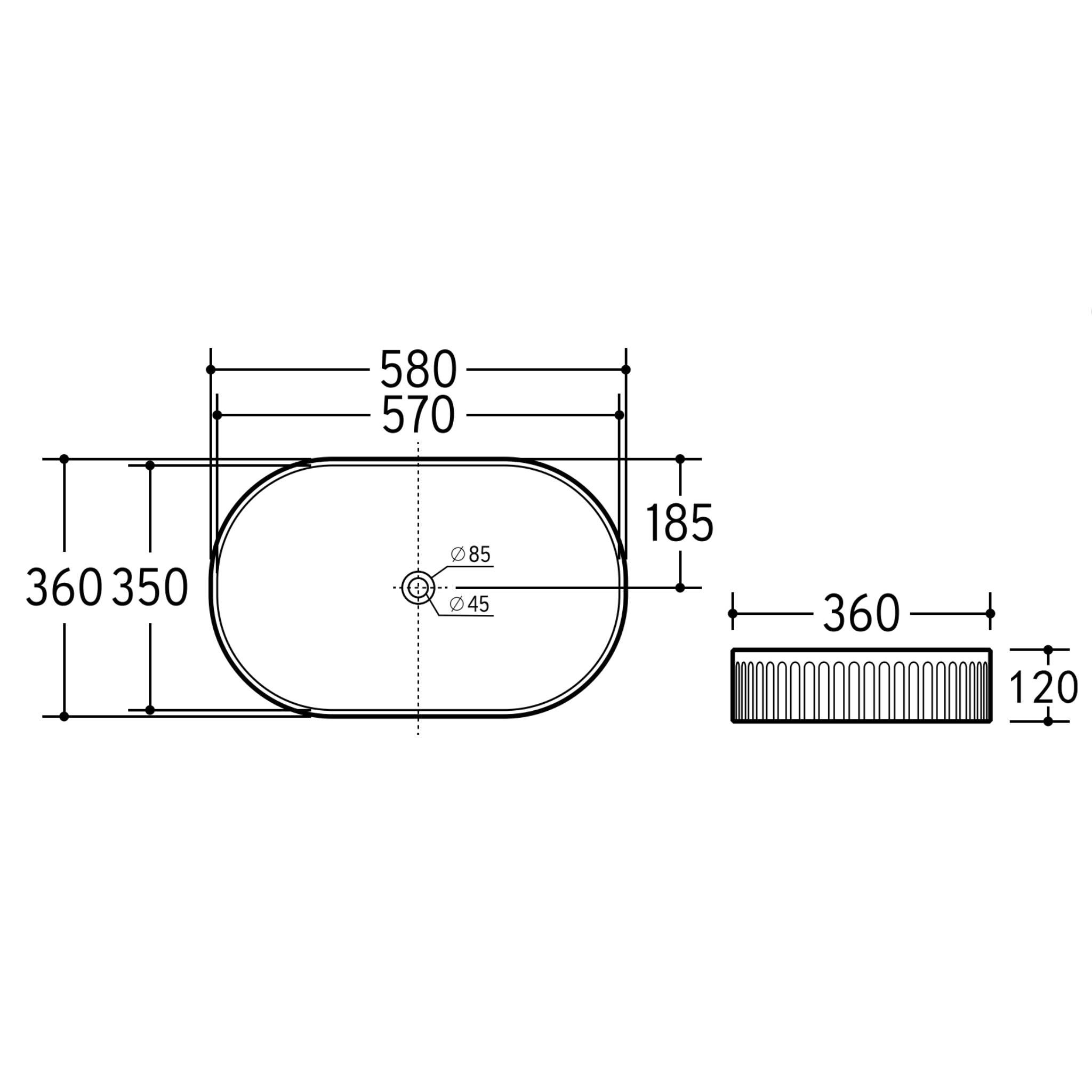 CETO CASCADE FLUTED OVAL ABOVE COUNTER BASIN GLOSS WHITE 360MM