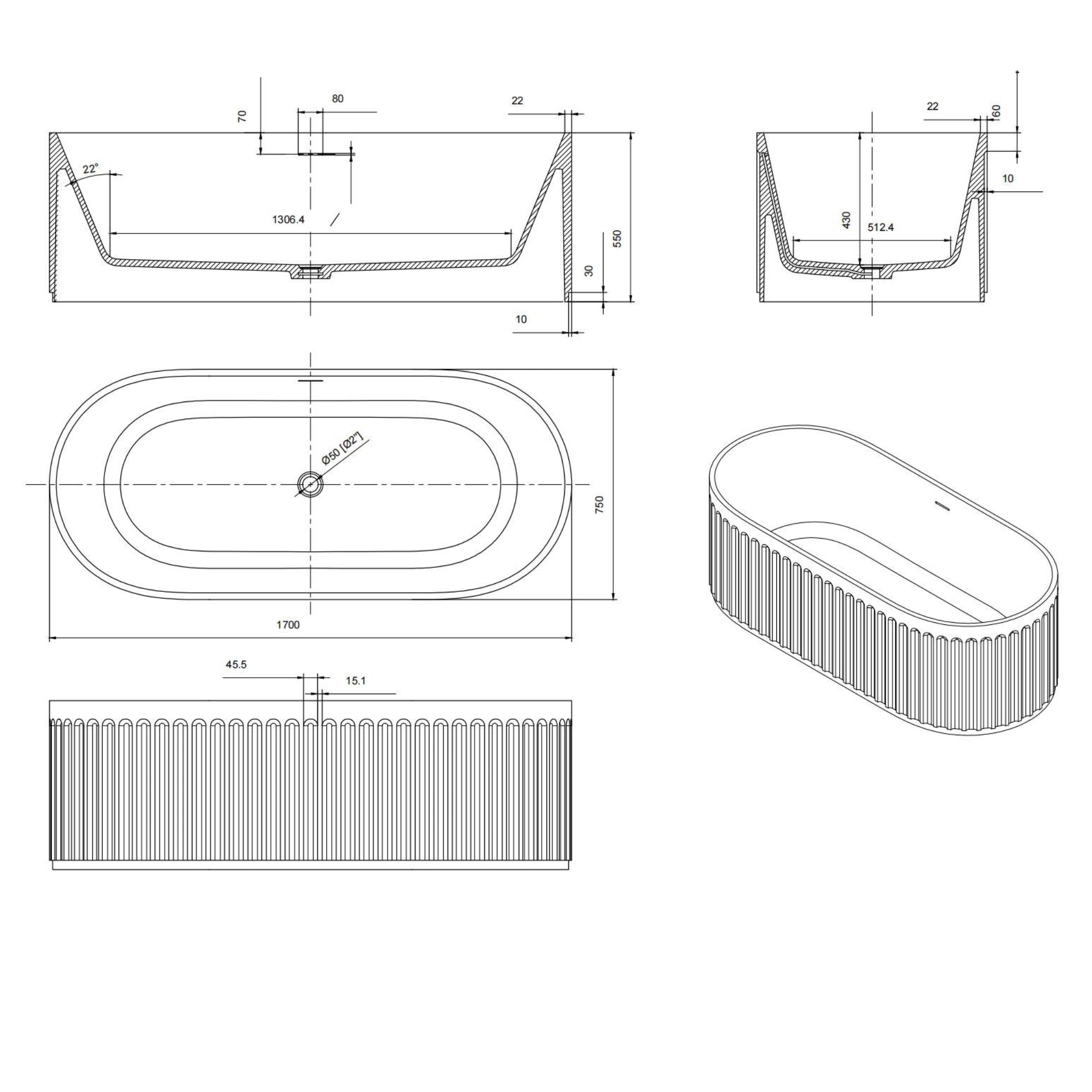 CETO CASCADE FREESTANDING BATHTUB MATTE WHITE 1700MM