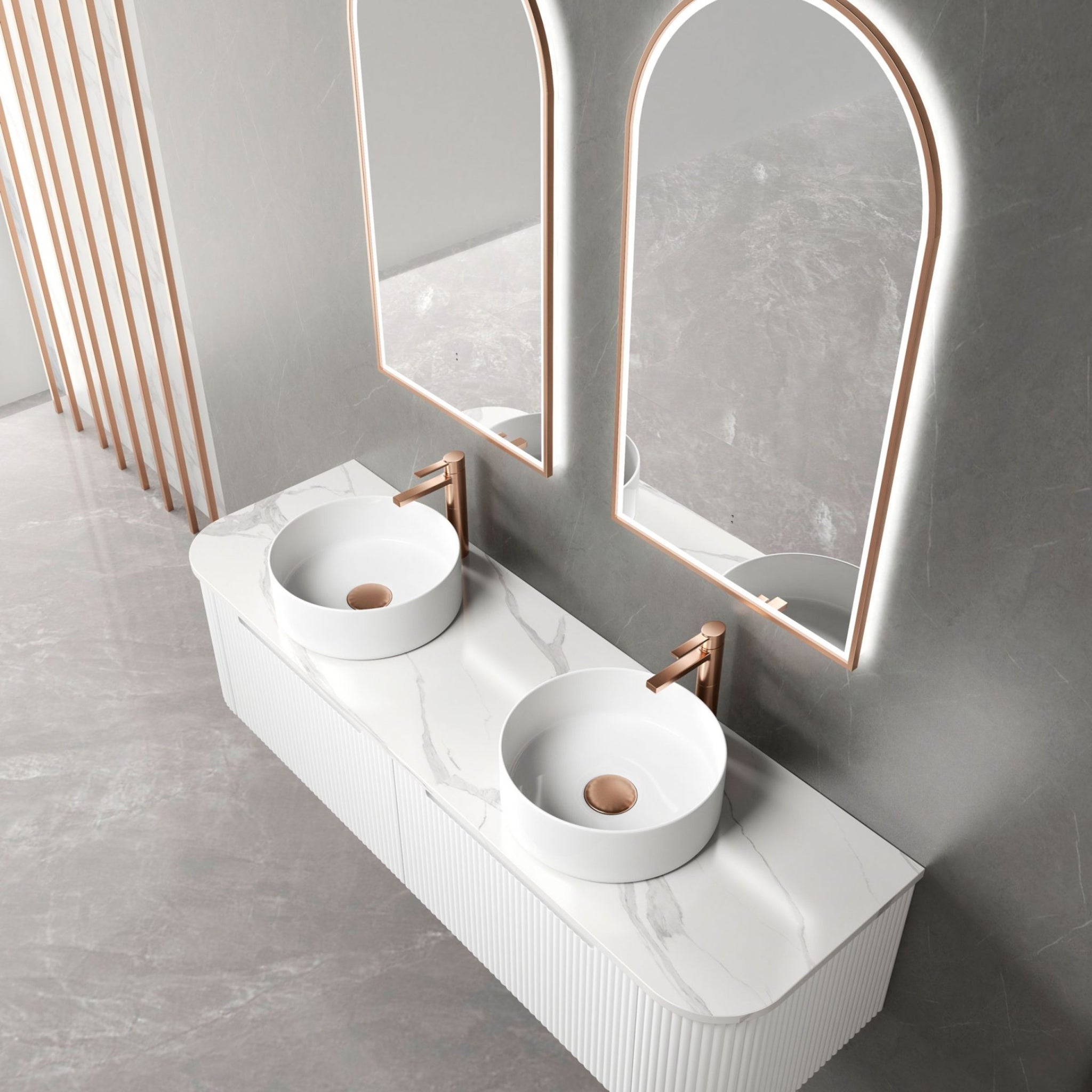 AULIC PETRA MARK II CURVED MATTE WHITE 1500MM DOUBLE BOWL WALL HUNG VANITY W/ GERMAN HETTICH RUNNERS