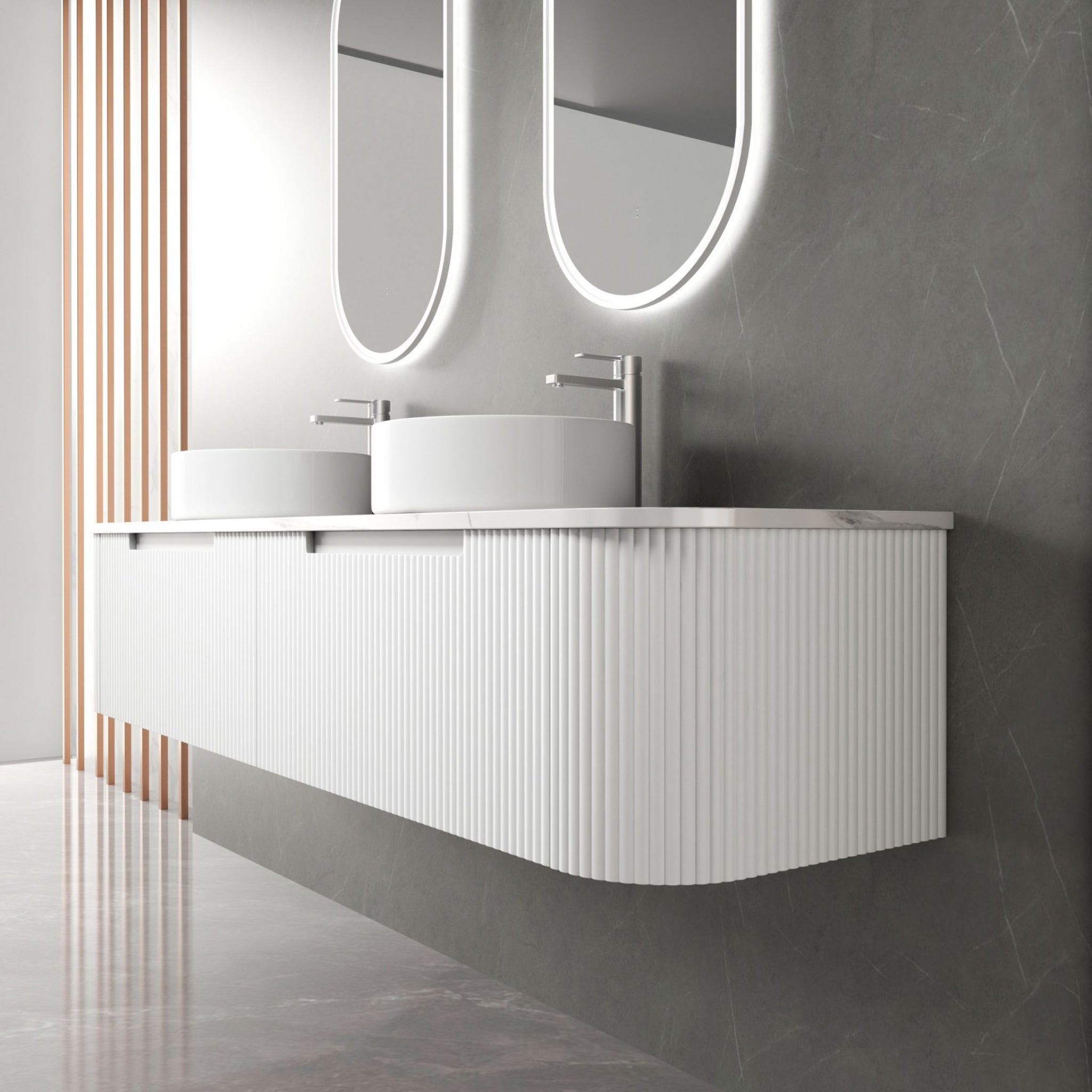 AULIC PETRA MARK II CURVED MATTE WHITE 1800MM DOUBLE BOWL WALL HUNG VANITY W/ GERMAN HETTICH RUNNERS