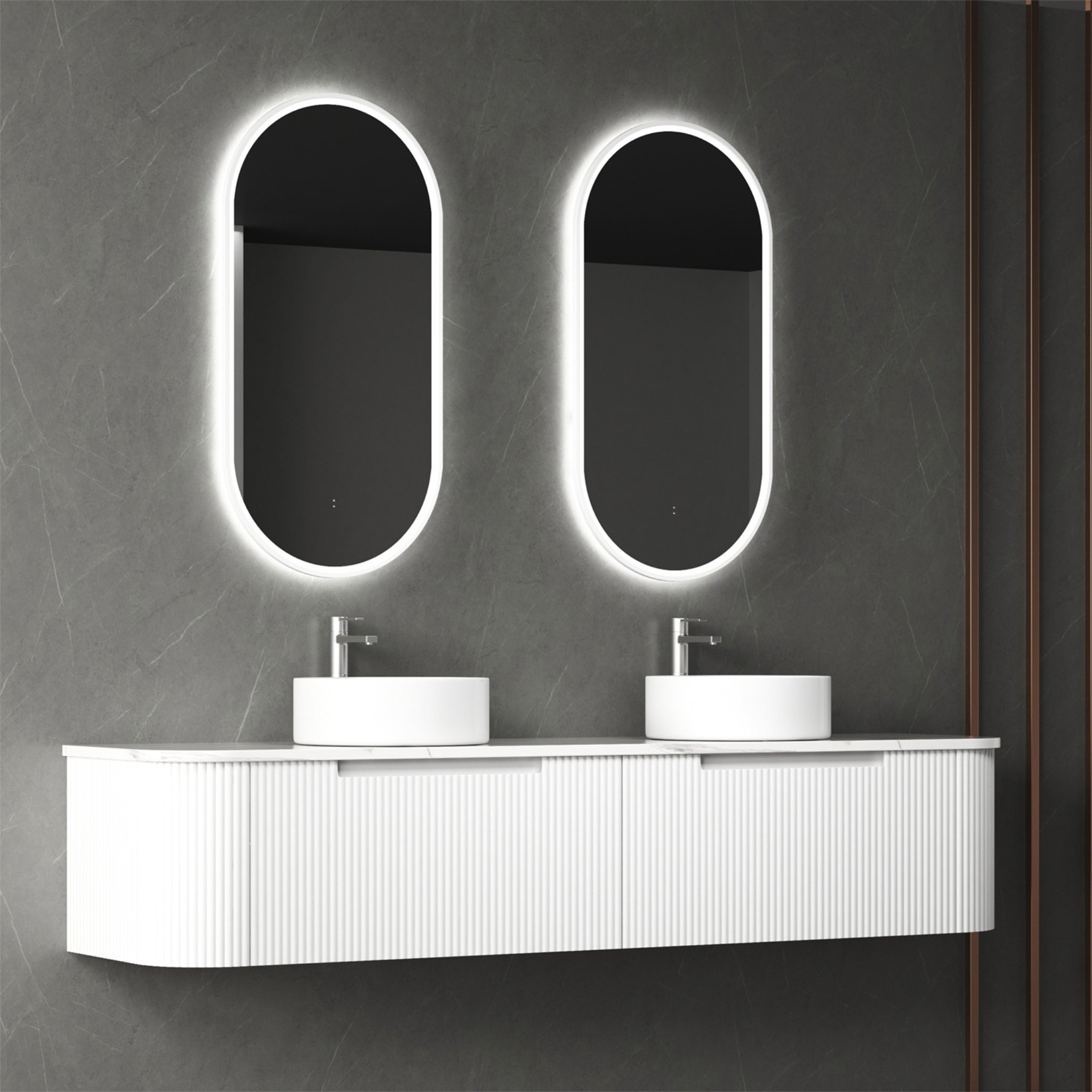 AULIC PETRA MARK II CURVED MATTE WHITE 1800MM DOUBLE BOWL WALL HUNG VANITY W/ GERMAN HETTICH RUNNERS