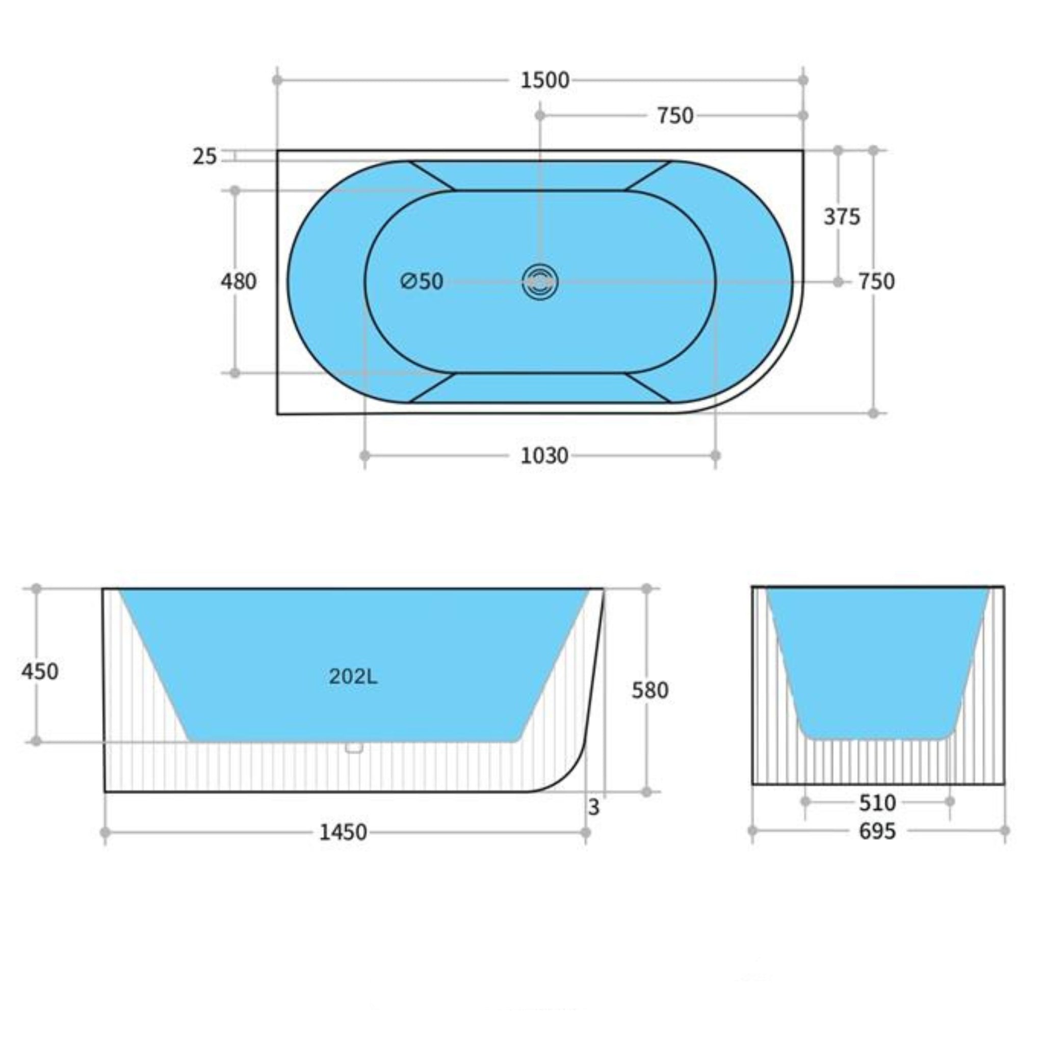 CETO CAPRI FREESTANDING LEFT CORNER BATHTUB MATTE WHITE (AVAILABLE IN 1500MM AND 1700MM)