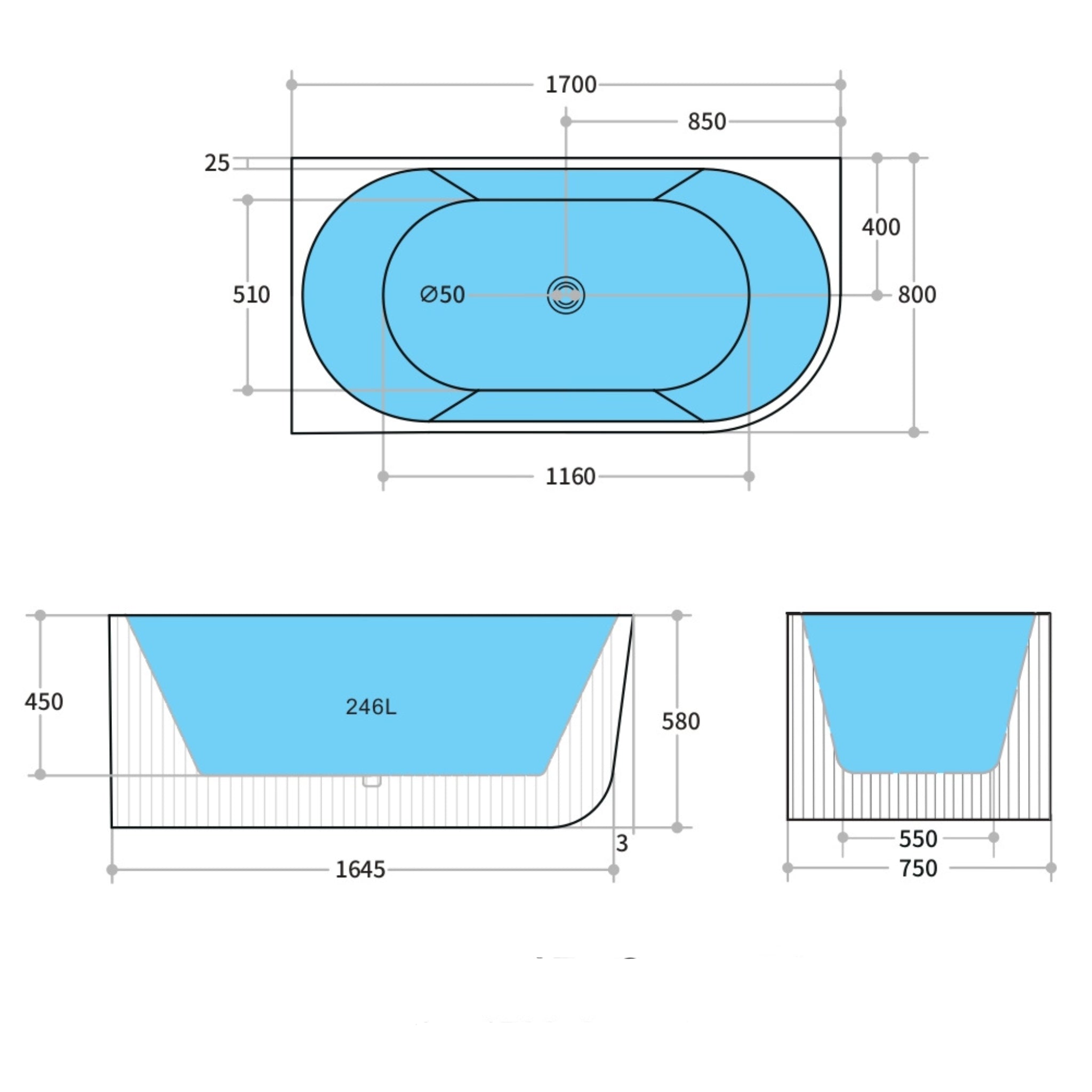 CETO CAPRI FREESTANDING LEFT CORNER BATHTUB MATTE WHITE (AVAILABLE IN 1500MM AND 1700MM)