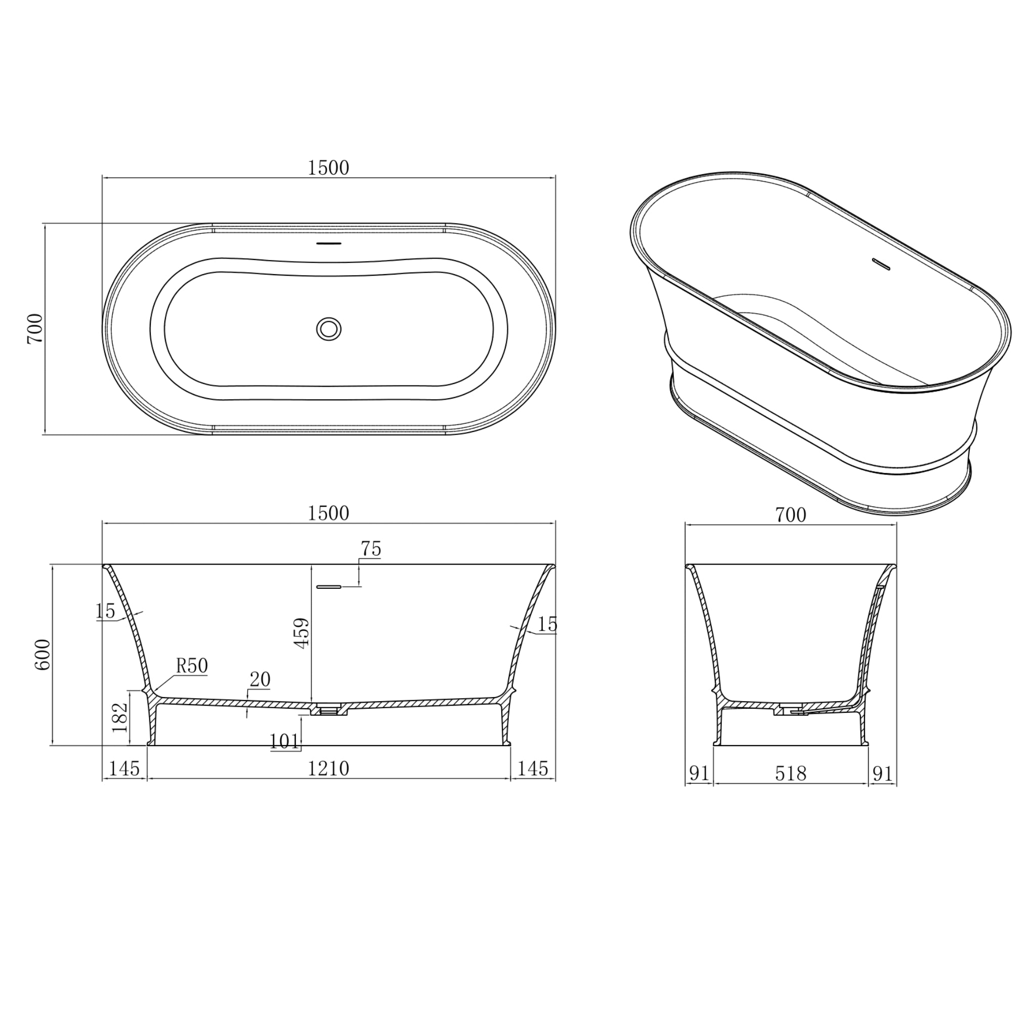 CETO HARRINGTON FREESTANDING BATHTUB MATTE WHITE (AVAILABLE IN 1500MM AND 1700MM)