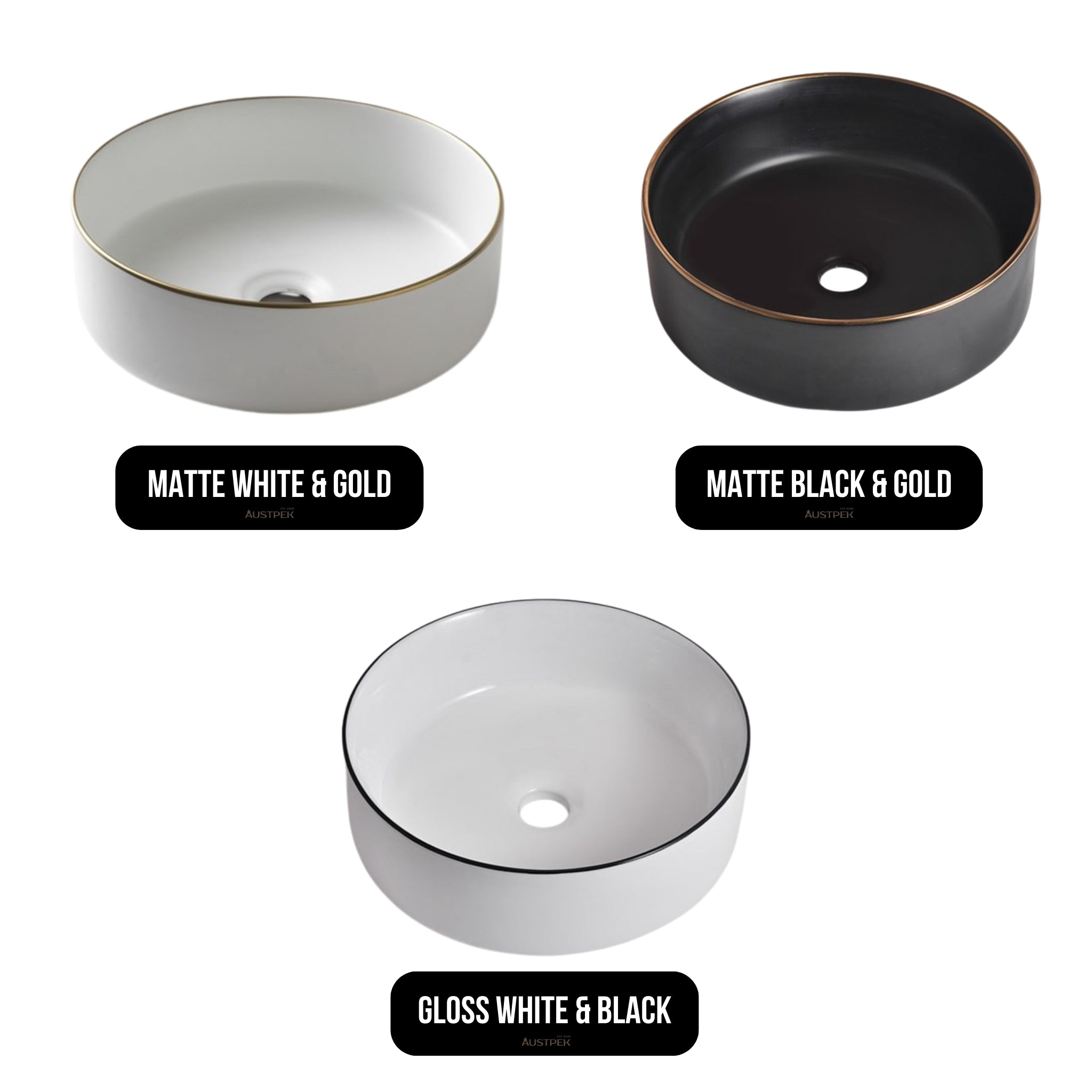 AQUAPERLA CERAMIC ROUND ABOVE COUNTER BASIN MATTE BLACK WITH GOLD RIM 360MM