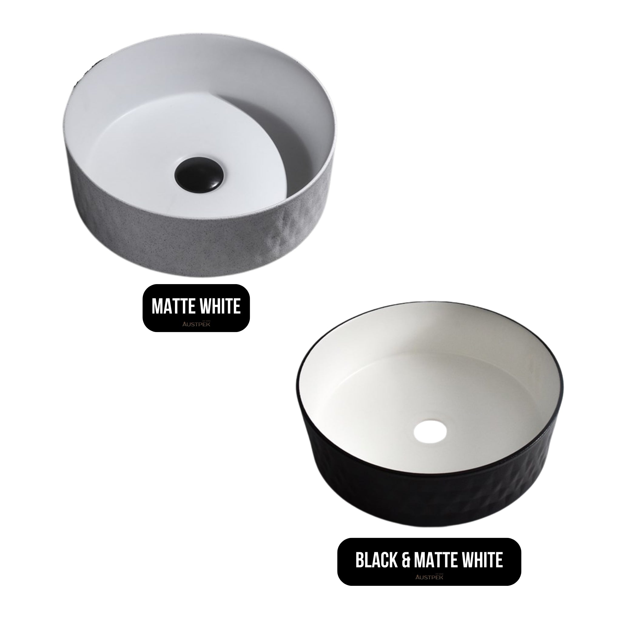 AQUAPERLA CERAMIC ROUND ABOVE COUNTER BASIN BLACK AND MATTE WHITE 360MM