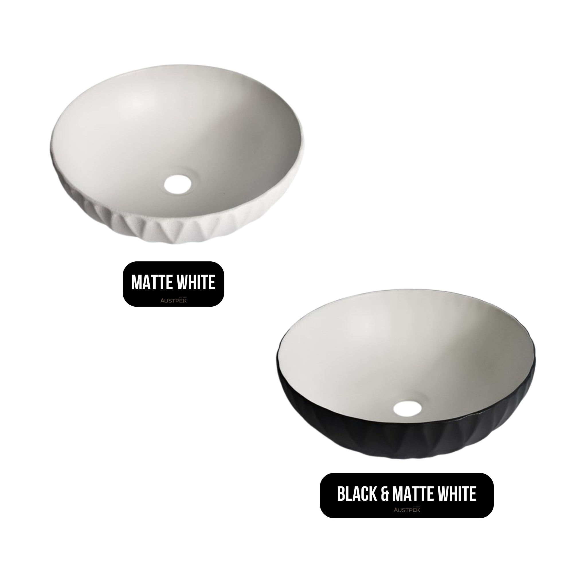 AQUAPERLA CERAMIC ROUND ABOVE COUNTER BASIN BLACK AND MATTE WHITE 395MM