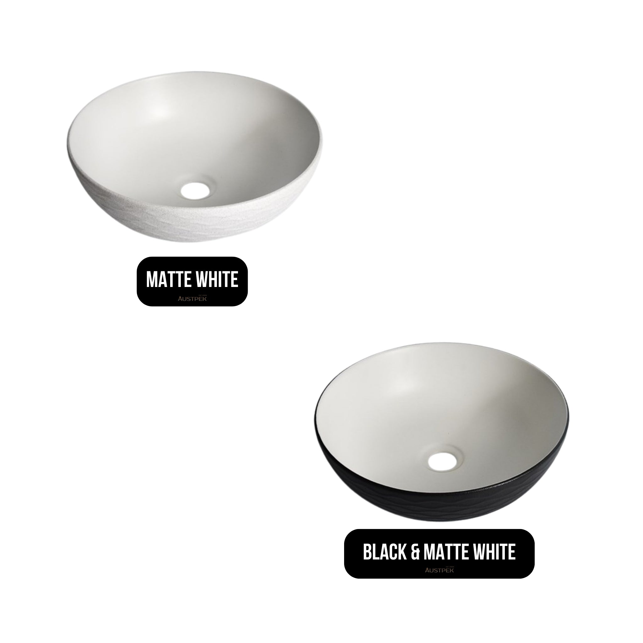 AQUAPERLA CERAMIC ROUND ABOVE COUNTER BASIN BLACK AND MATTE WHITE 395MM