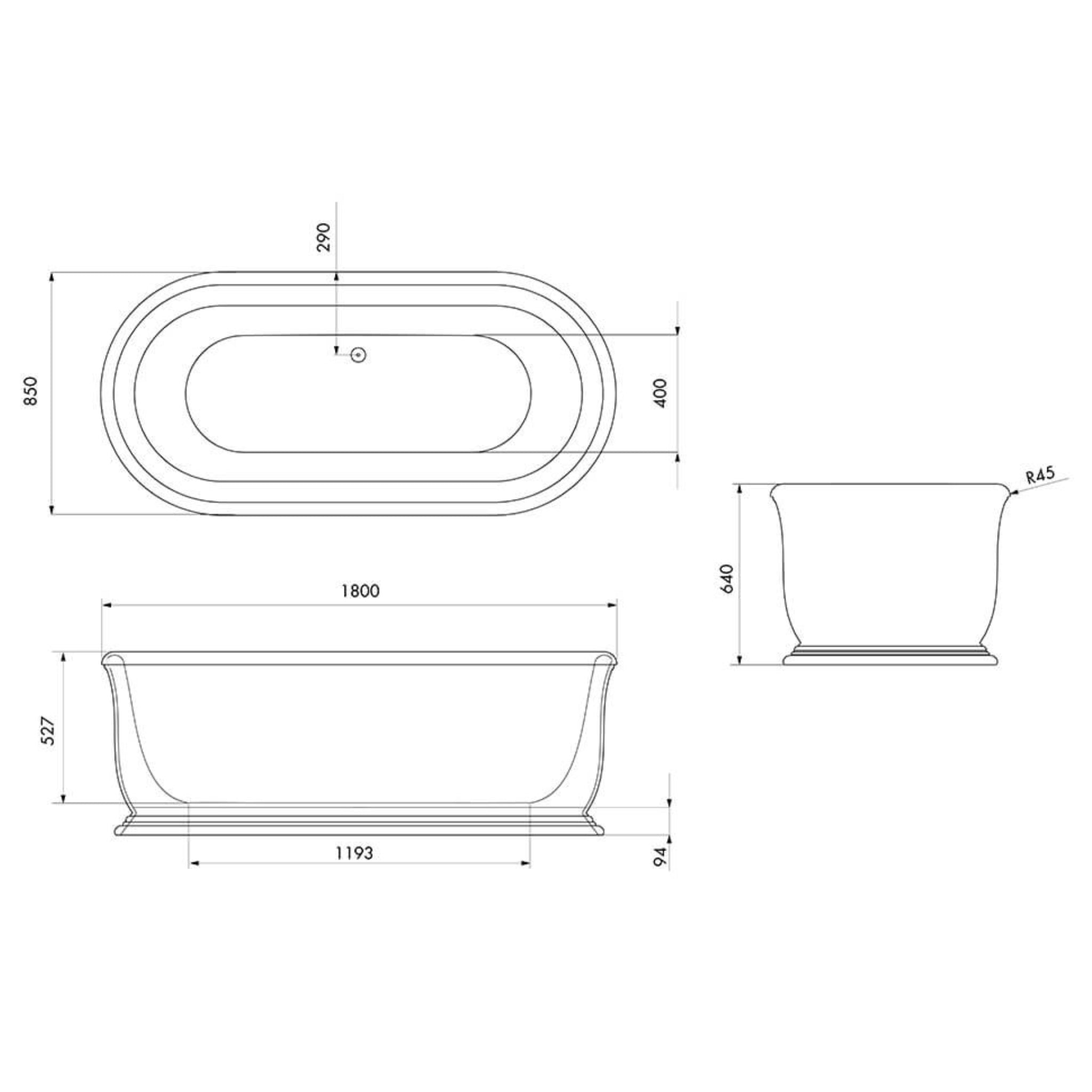 TURNER HASTINGS CAMDEN TITANCAST SOLID SURFACE FREESTANDING BATHTUB GLOSS WHITE 1800MM