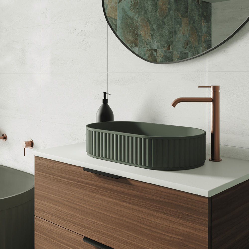 FIENZA MINKA PILL SOLID SURFACE ABOVE COUNTER BASIN FOREST 550MM