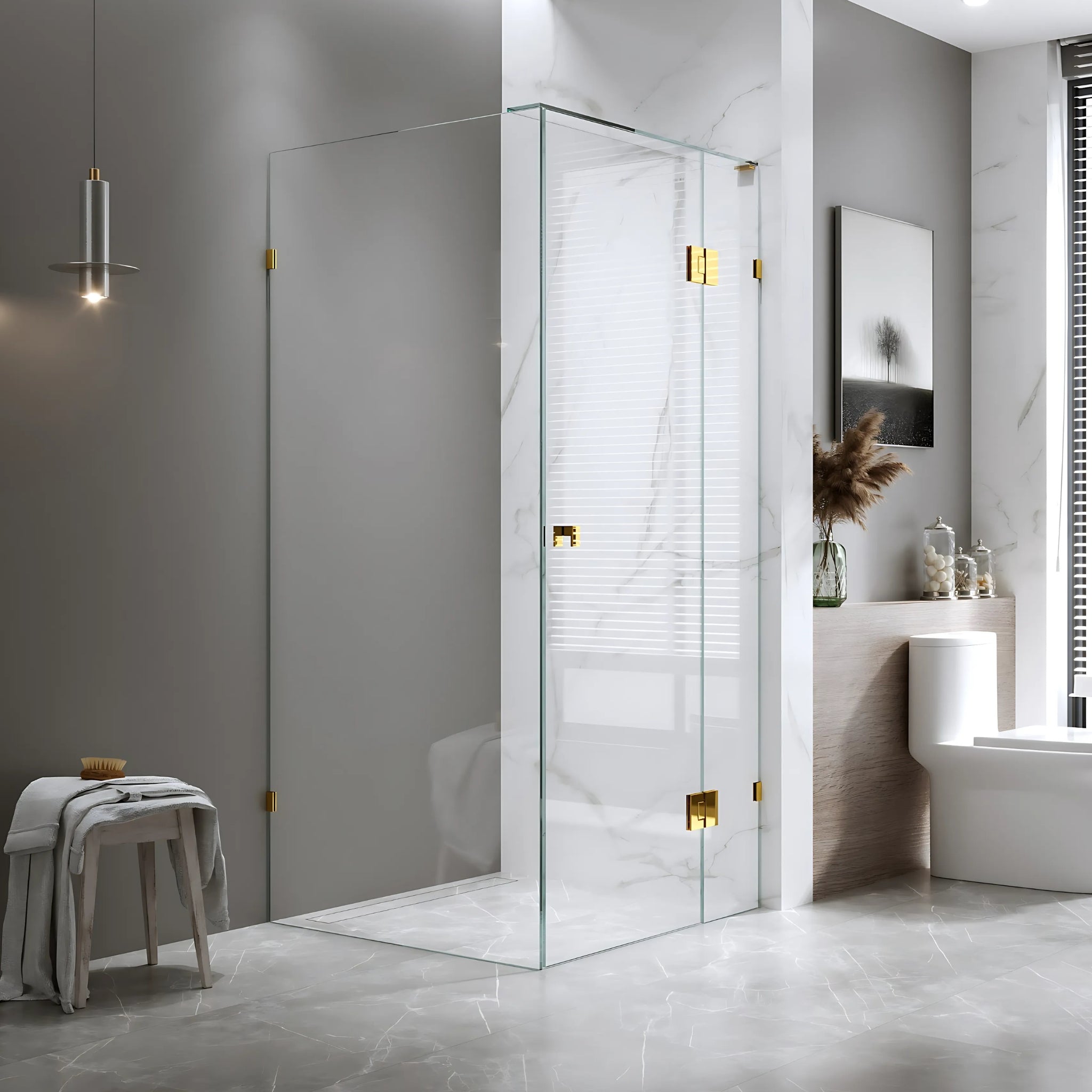 BELLA VISTA VALENTINA FRAMELESS PIVOT FRONT AND RETURN PANEL SHOWER SCREEN SHINY GOLD