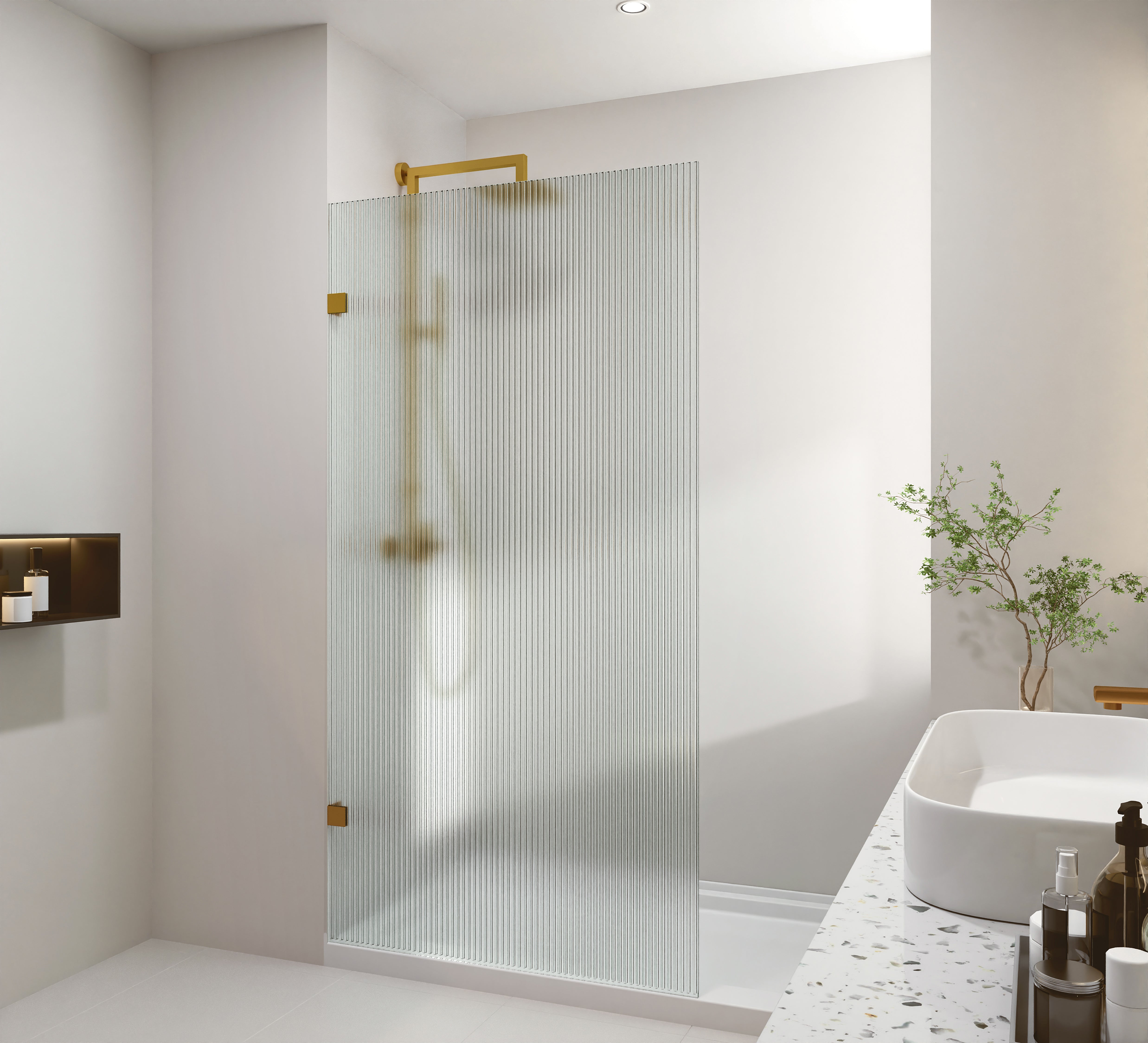 COVEY FRAMELESS SINGLE PANEL WITH NARROW LINE FLUTED GLASS SHOWER SCREEN BRUSHED GOLD