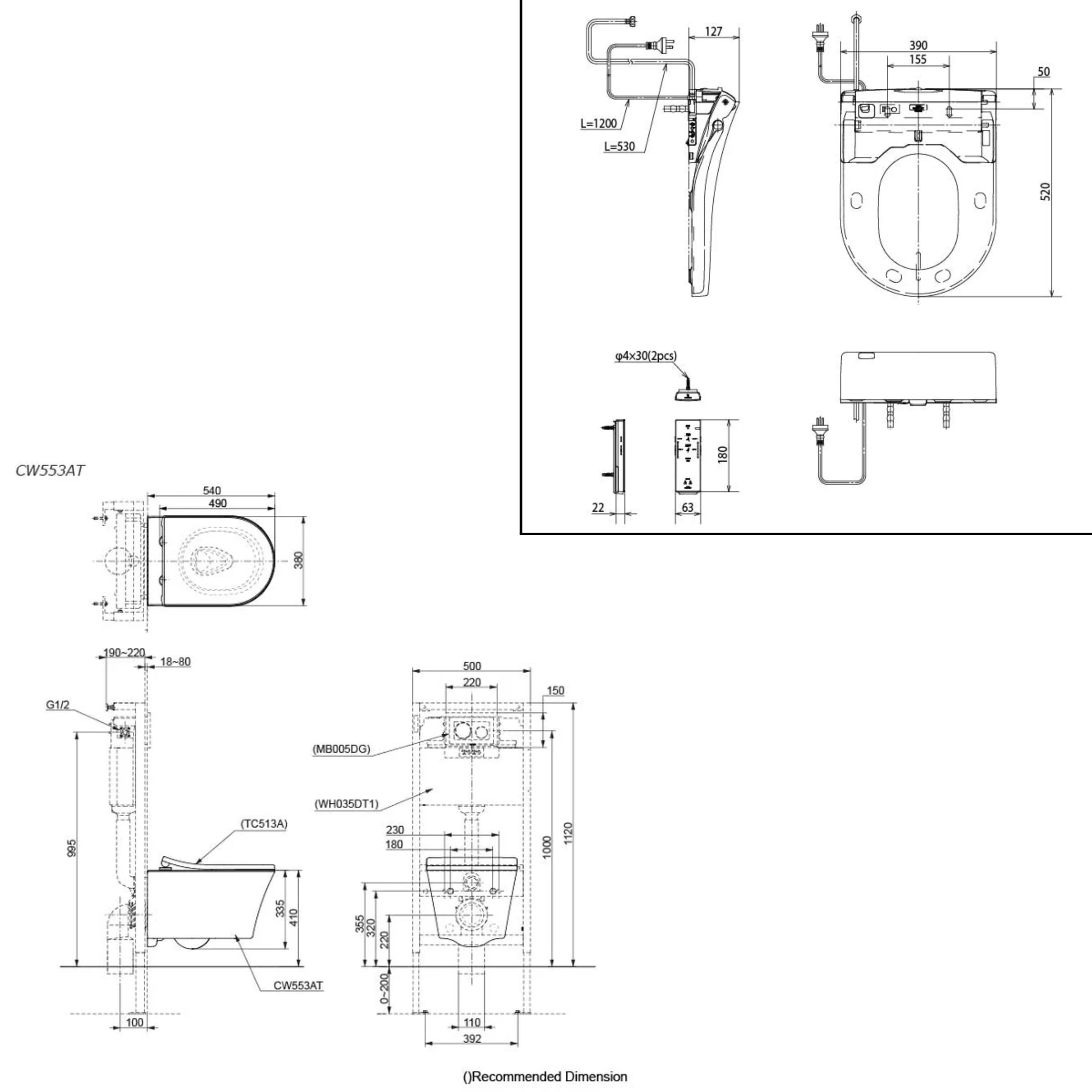 TOTO WALL HUNG RIMLESS TOILET AND S7 WASHLET W/ REMOTE CONTROL PACKAGE D-SHAPE GLOSS WHITE