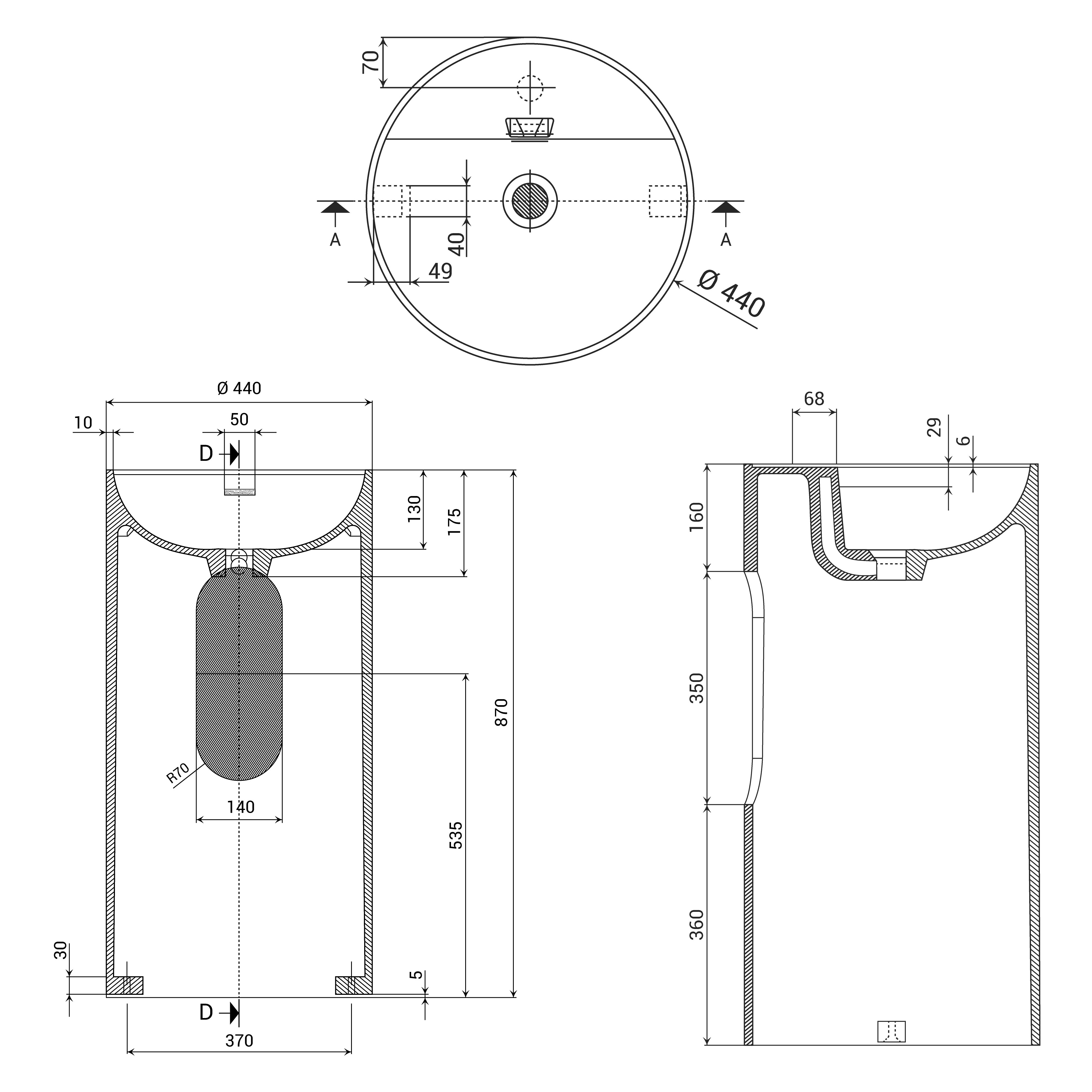 DOMUS LIVING COLONNA ROUND X FREESTANDING BASIN WITH OVERFLOW MATTE WHITE 440MM