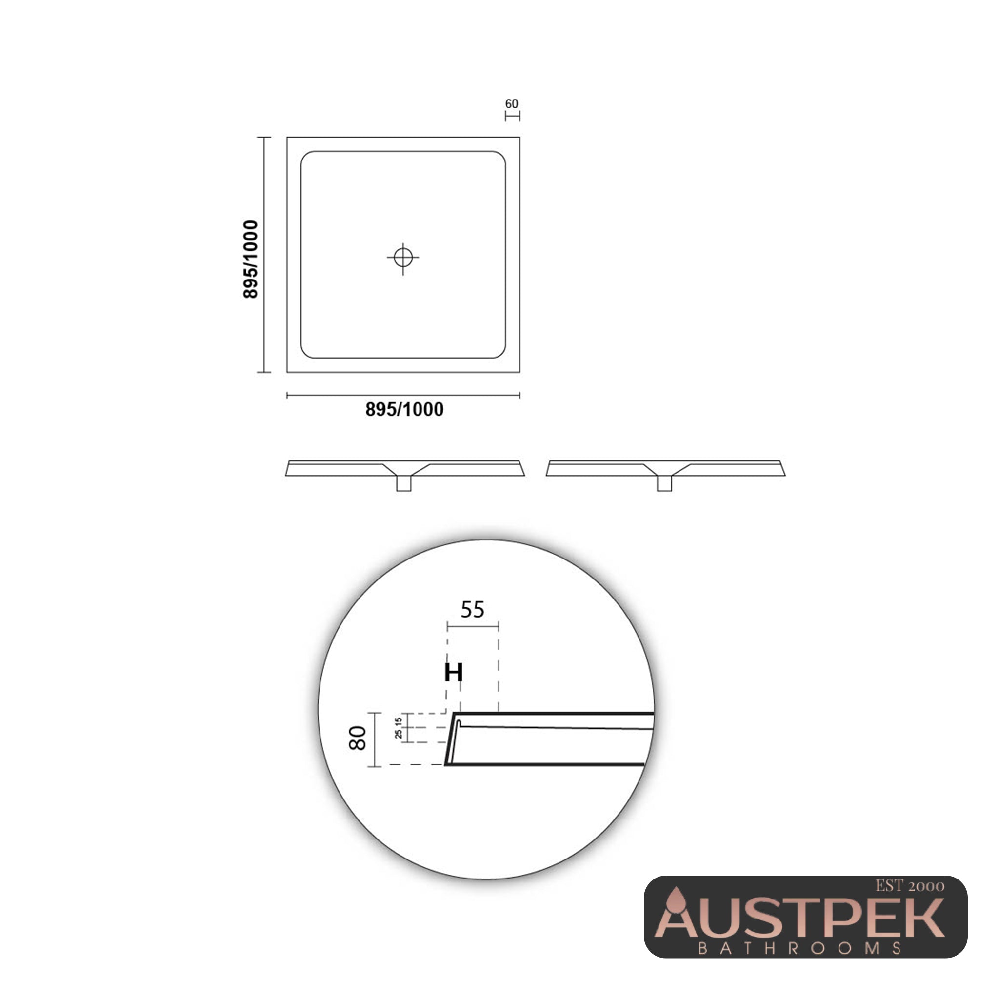 DECINA PRELUDE CENTRE OUTLET SHOWER BASE GLOSS WHITE (AVAILABLE IN 895MM AND 1000MM)