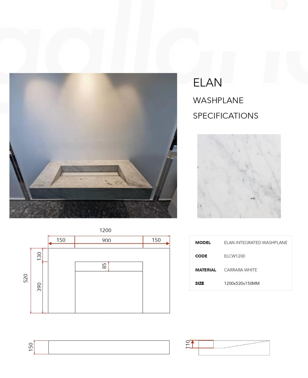 GALLARIA ELAN RECTANGULAR CARRARA WHITE STONE WASHPLANE 1200MM