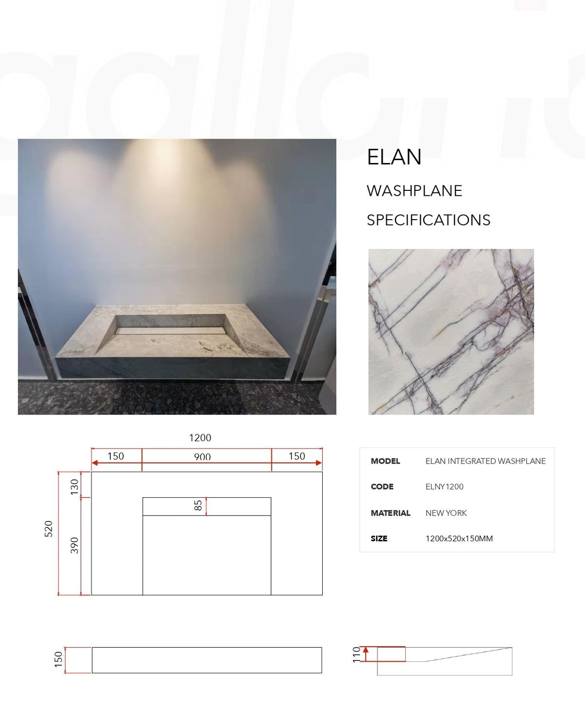 GALLARIA ELAN RECTANGULAR NEW YORK STONE WASHPLANE 1200MM