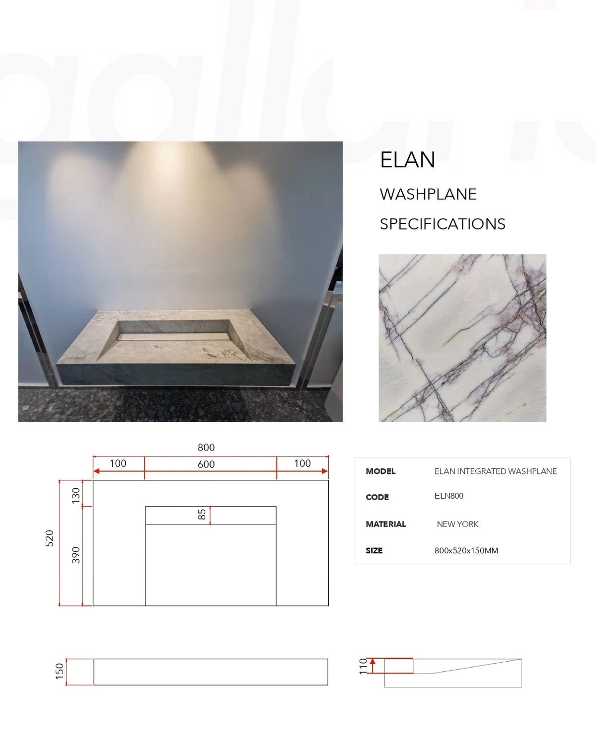 GALLARIA ELAN RECTANGULAR SUPERWHITE STONE WASHPLANE 800MM