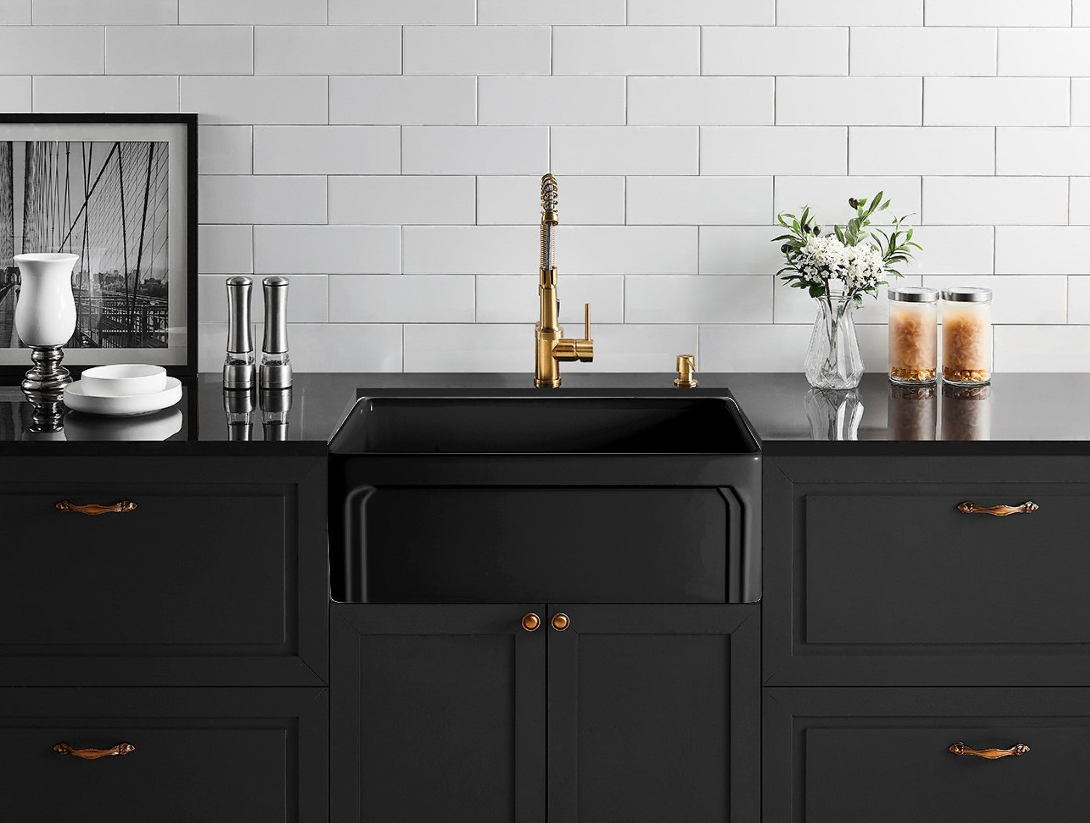 CETO KENSINGTON SINGLE BOWL FIRECLAY KITCHEN SINK MATTE BLACK 758MM