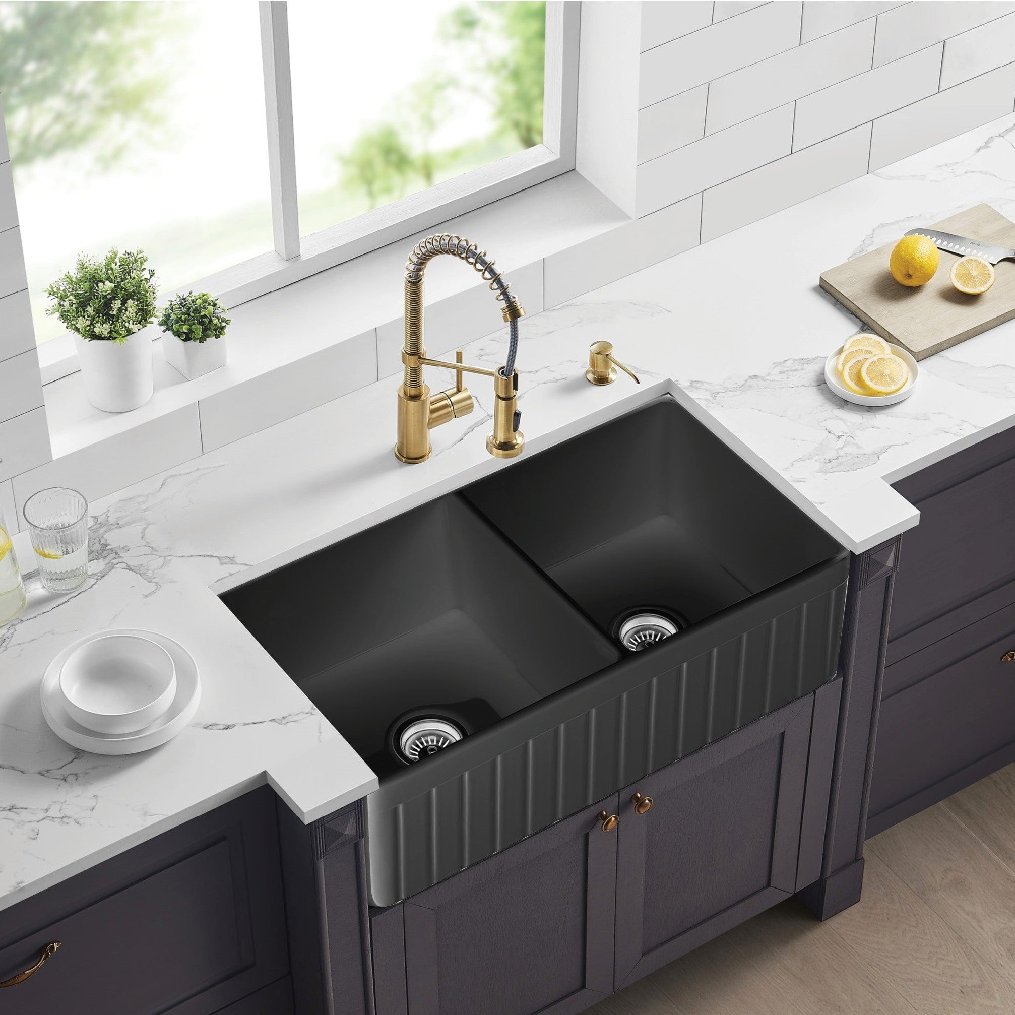 CETO GREENWICH DOUBLE BOWL FIRECLAY KITCHEN SINK MATTE BLACK 838MM