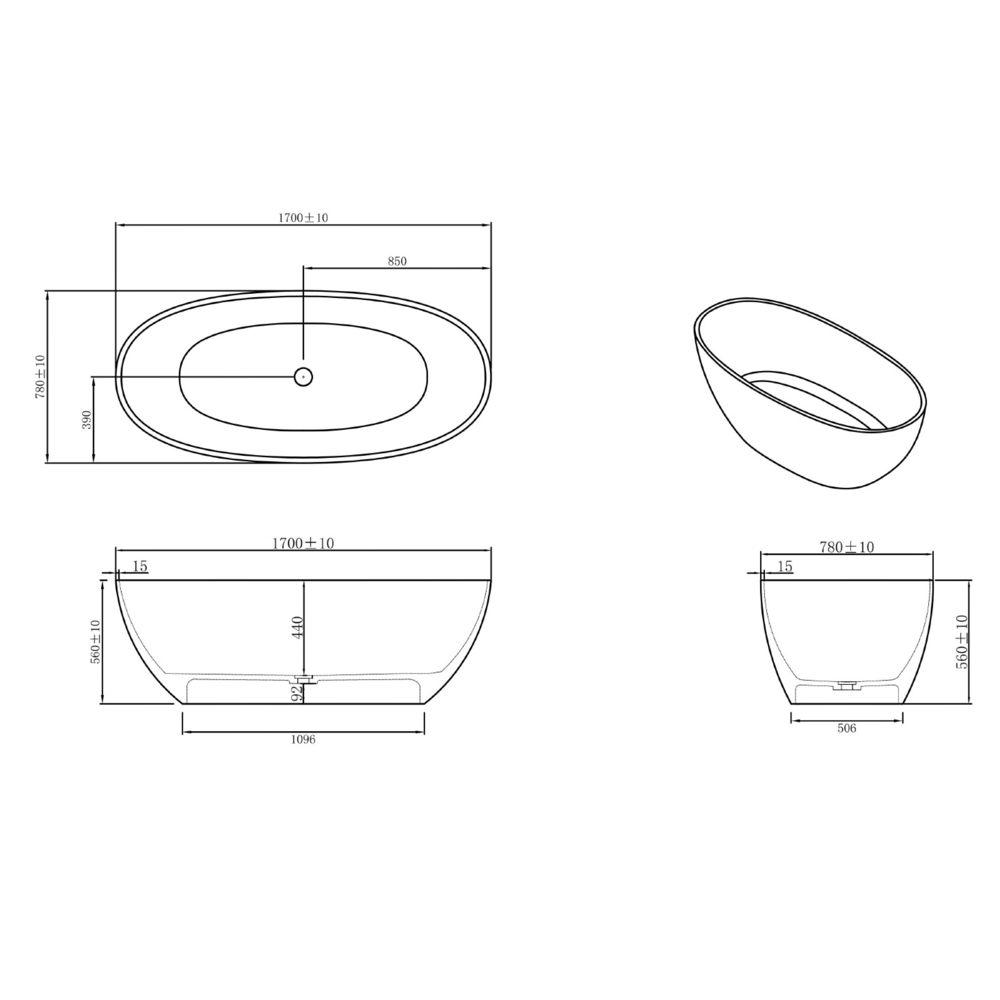 STONEHAVEN ELYSIAN FREESTANDING STONE BATHTUB MATTE WHITE 1700MM