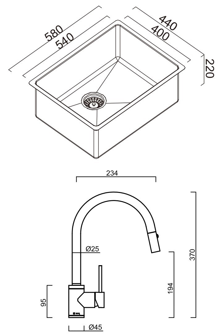 ABEY ALFRESCO SINGLE BOWL KITCHEN SINK WITH SINK MIXER STAINLESS STEEL 580MM