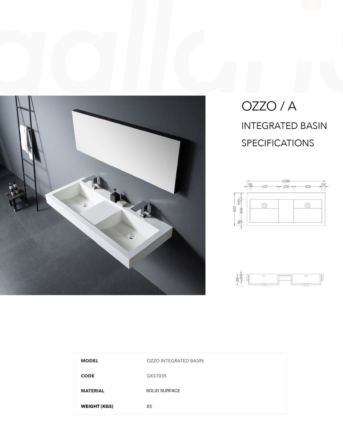 GALLARIA OZZA WALL HUNG STONE BASIN WHITE 1200MM