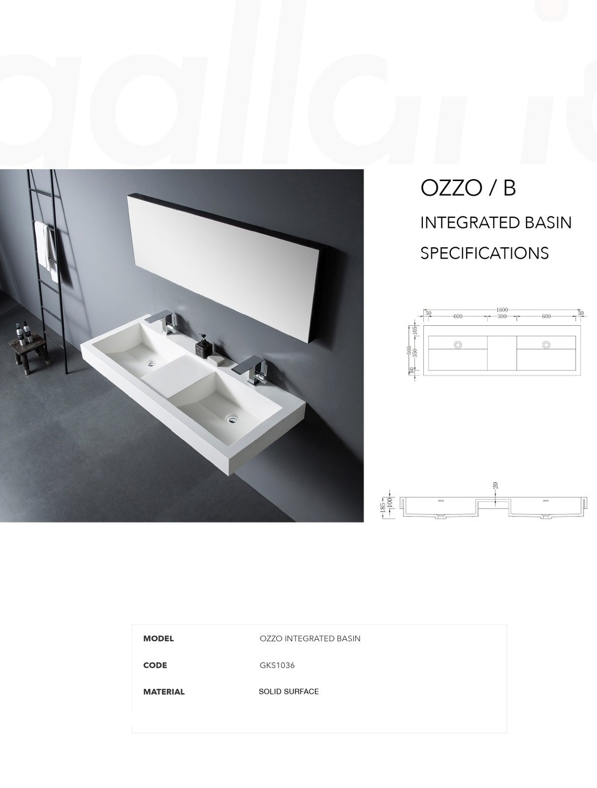 GALLARIA OZZA WALL HUNG STONE BASIN WHITE 1600MM