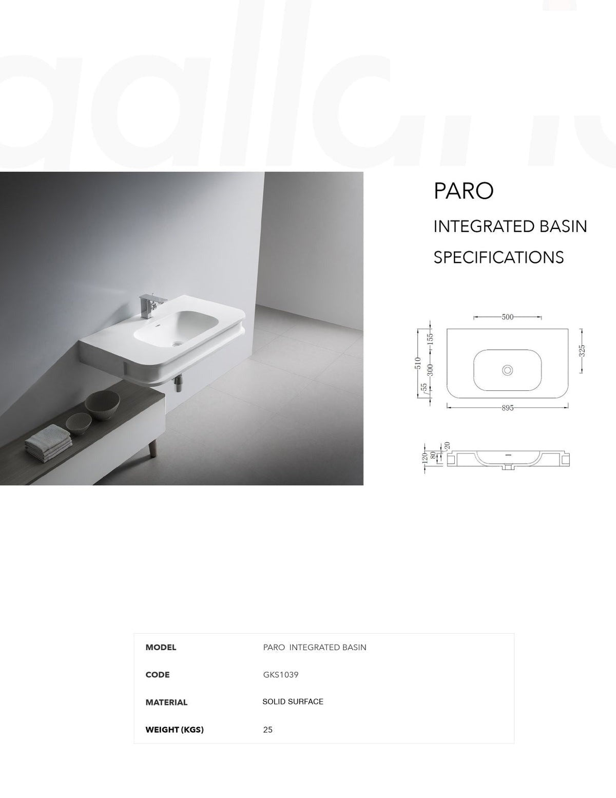 GALLARIA PARO WALL HUNG STONE BASIN WHITE 895MM