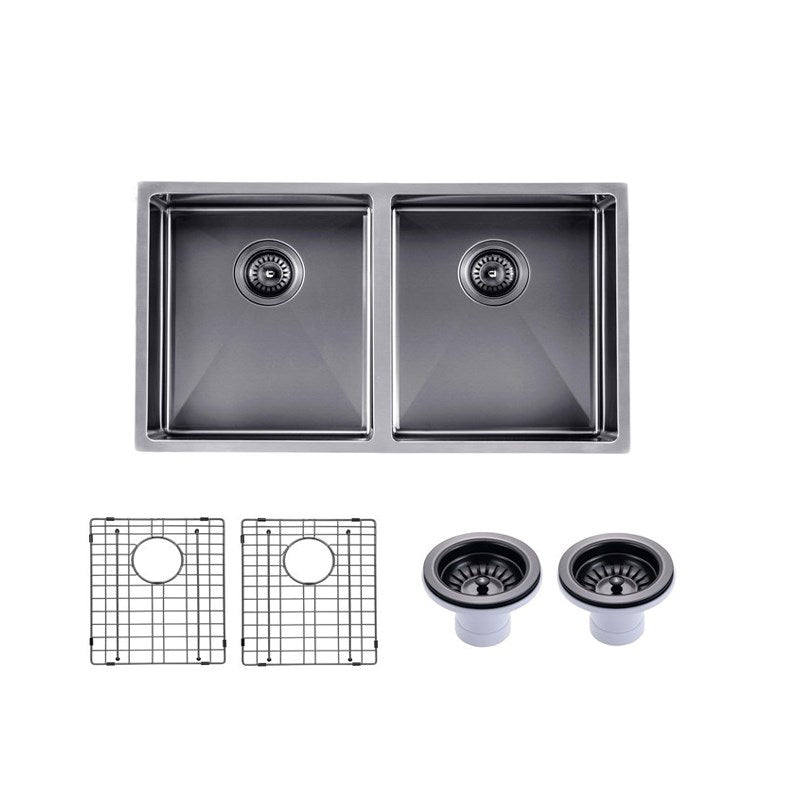 AQUAPERLA PVD STAINLESS STEEL DOUBLE BOWL KITCHEN SINK GUNMETAL 820MM